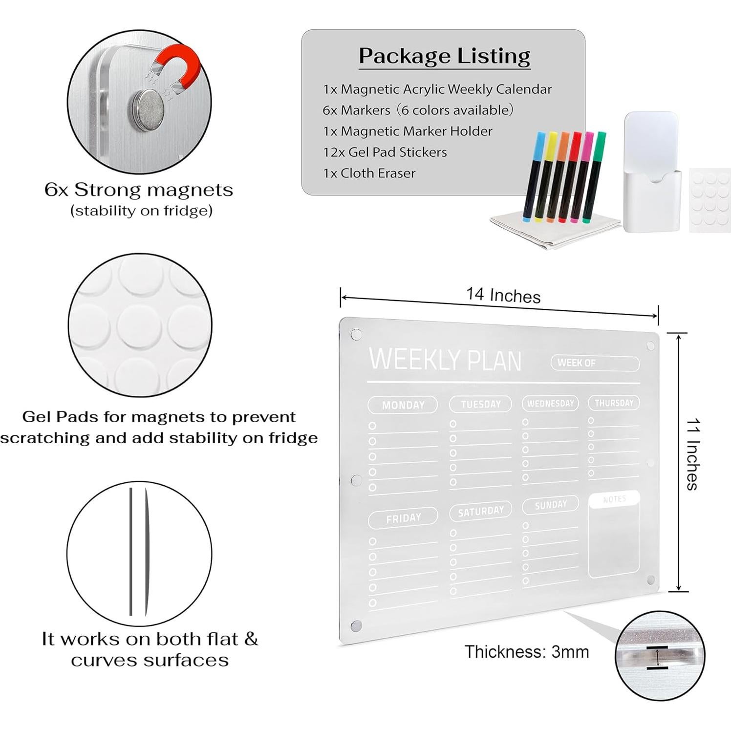 Calendario Magnético Semanal Acrílico Genérico 35.56x27.94 cm