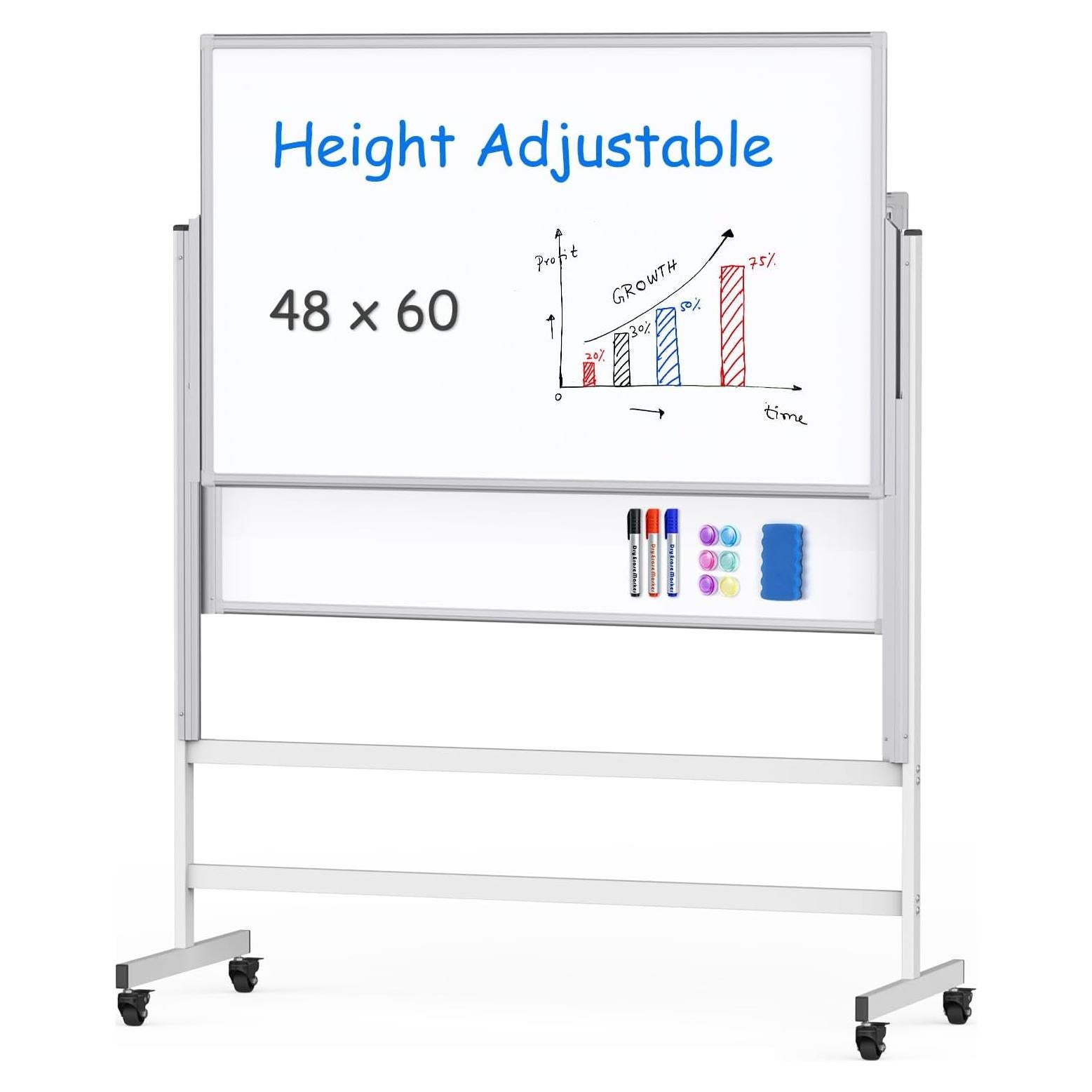 maxtek Dry Erase Whiteboard Height Adjustable, Easel Stand Rolling White Board on Wheels - 48 x 60 Large Mobile Dry Erase Board, 4' x 5' Double Sided Magnetic Whiteboard for School Office Home