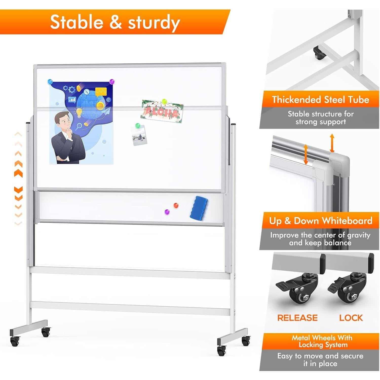 maxtek Dry Erase Whiteboard Height Adjustable, Easel Stand Rolling White Board on Wheels - 48 x 60 Large Mobile Dry Erase Board, 4' x 5' Double Sided Magnetic Whiteboard for School Office Home