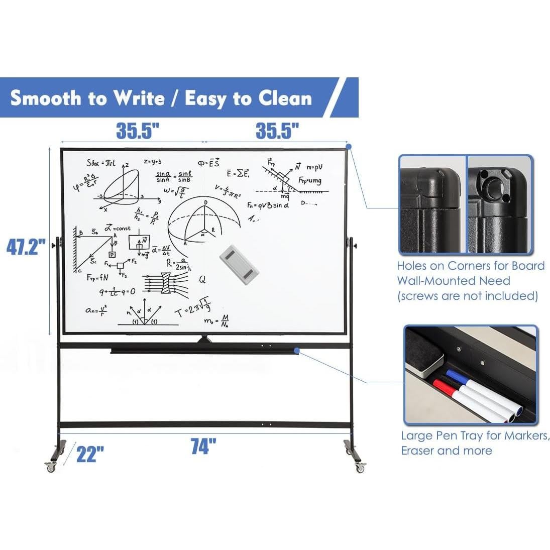Pizarra Blanca Móvil Grande FORTUNO 182x122 cm Doble Cara