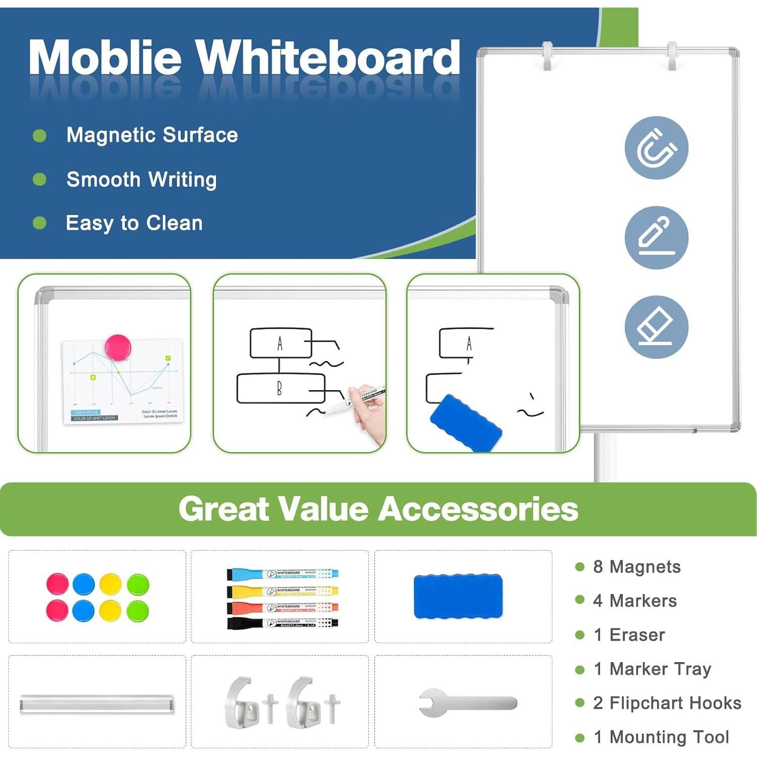 Pizarra Blanca Móvil QUEENLINK 101.6x71.1cm Magnética Ajustable