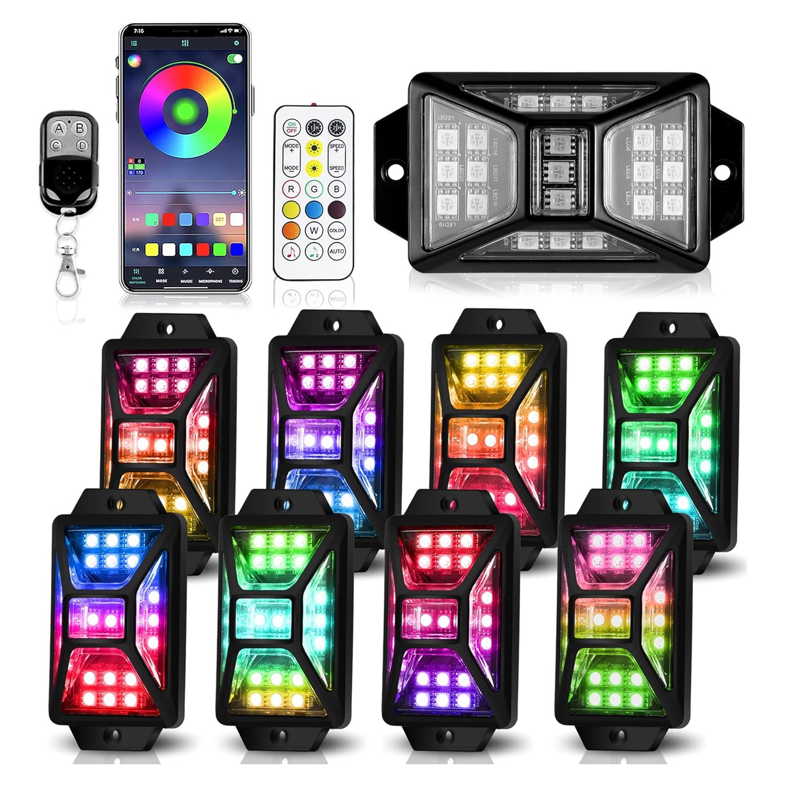 Luces de Rock RGB Auto Buero 8 Pods Impermeables Control Remoto