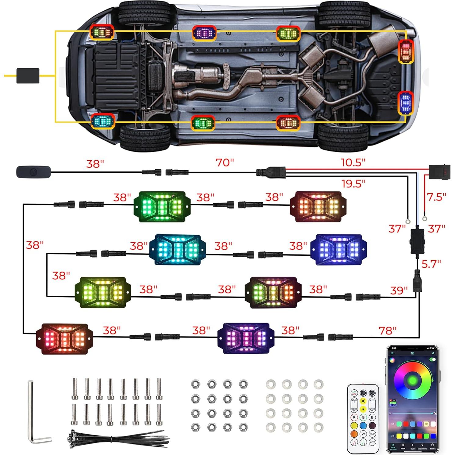 Luces de Rock RGB Auto Buero 8 Pods Impermeables Control Remoto