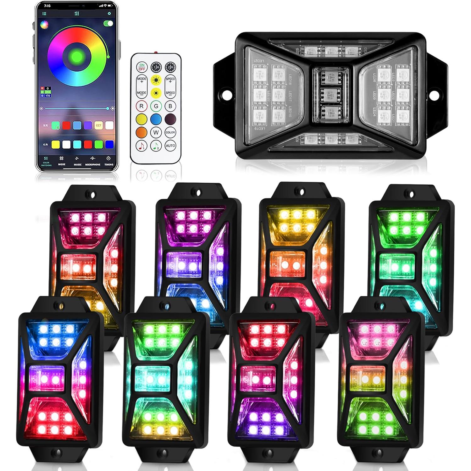 Luces de Rock RGB Auto Buero 8 Pods Impermeables Control Remoto