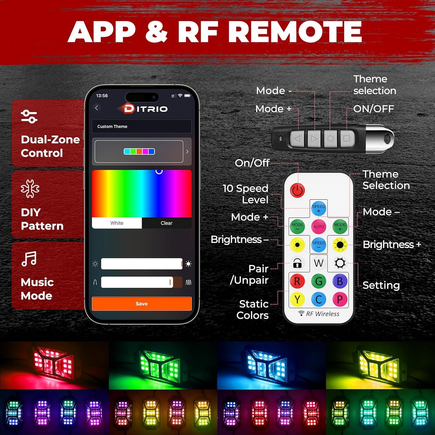 Luces LED RGB DITRIO 8 Pods 5 Lados Impermeables para Autos