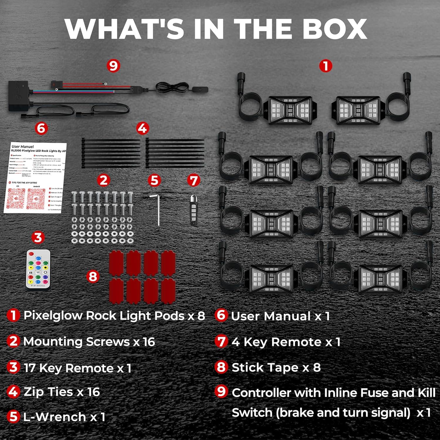 Luces LED RGB DITRIO 8 Pods 5 Lados Impermeables para Autos