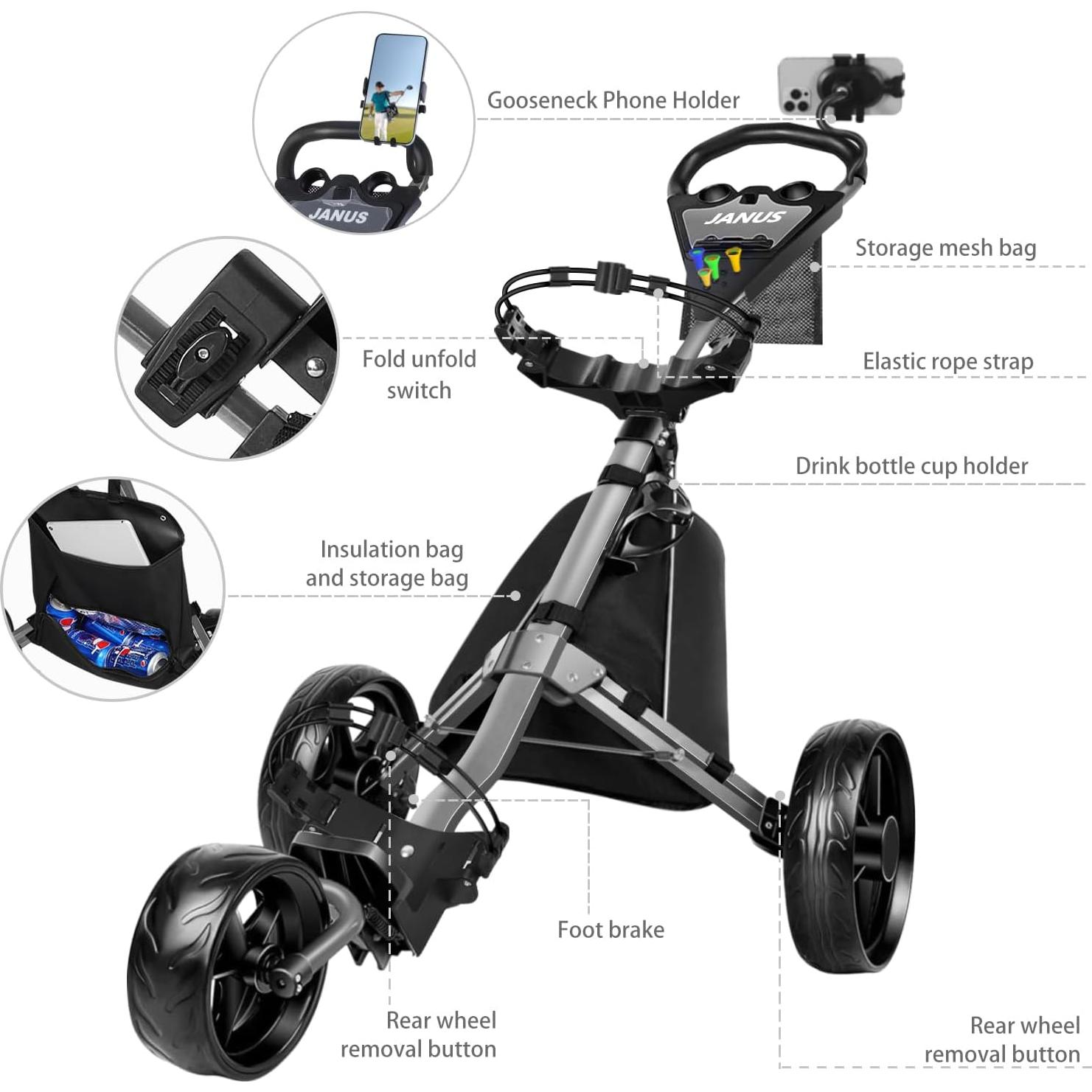 Carro de Golf JANUS 3 Ruedas Plegable con Soporte para Teléfono
