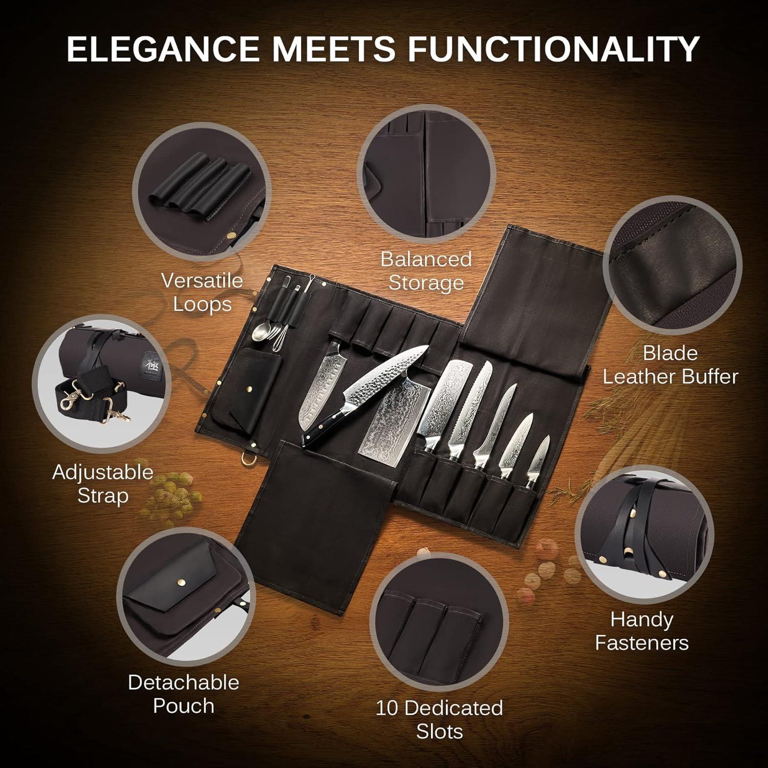 Bolsa de cuchillos KYOKU negra, 10 ranuras, cuero y lona