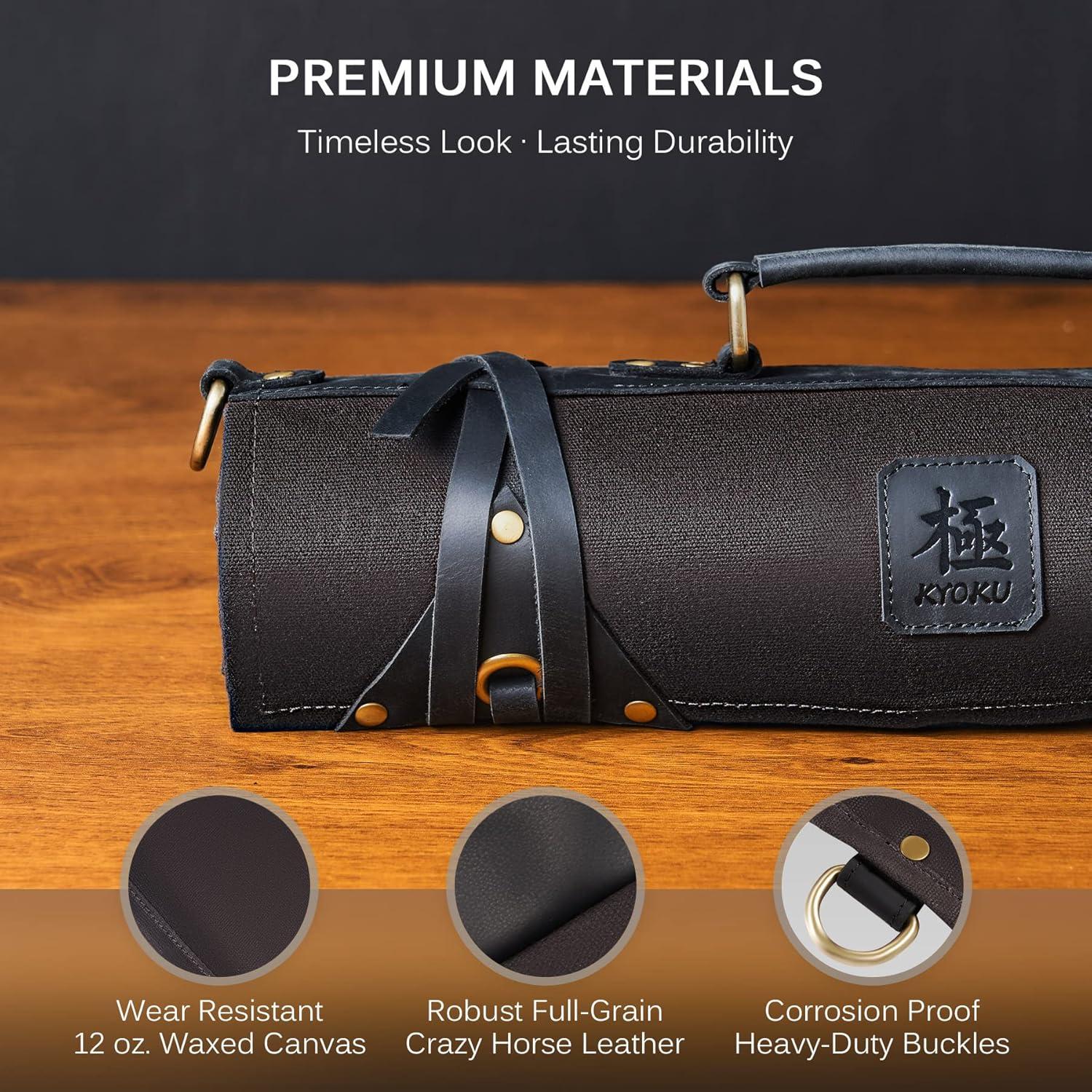 Bolsa de cuchillos KYOKU negra, 10 ranuras, cuero y lona