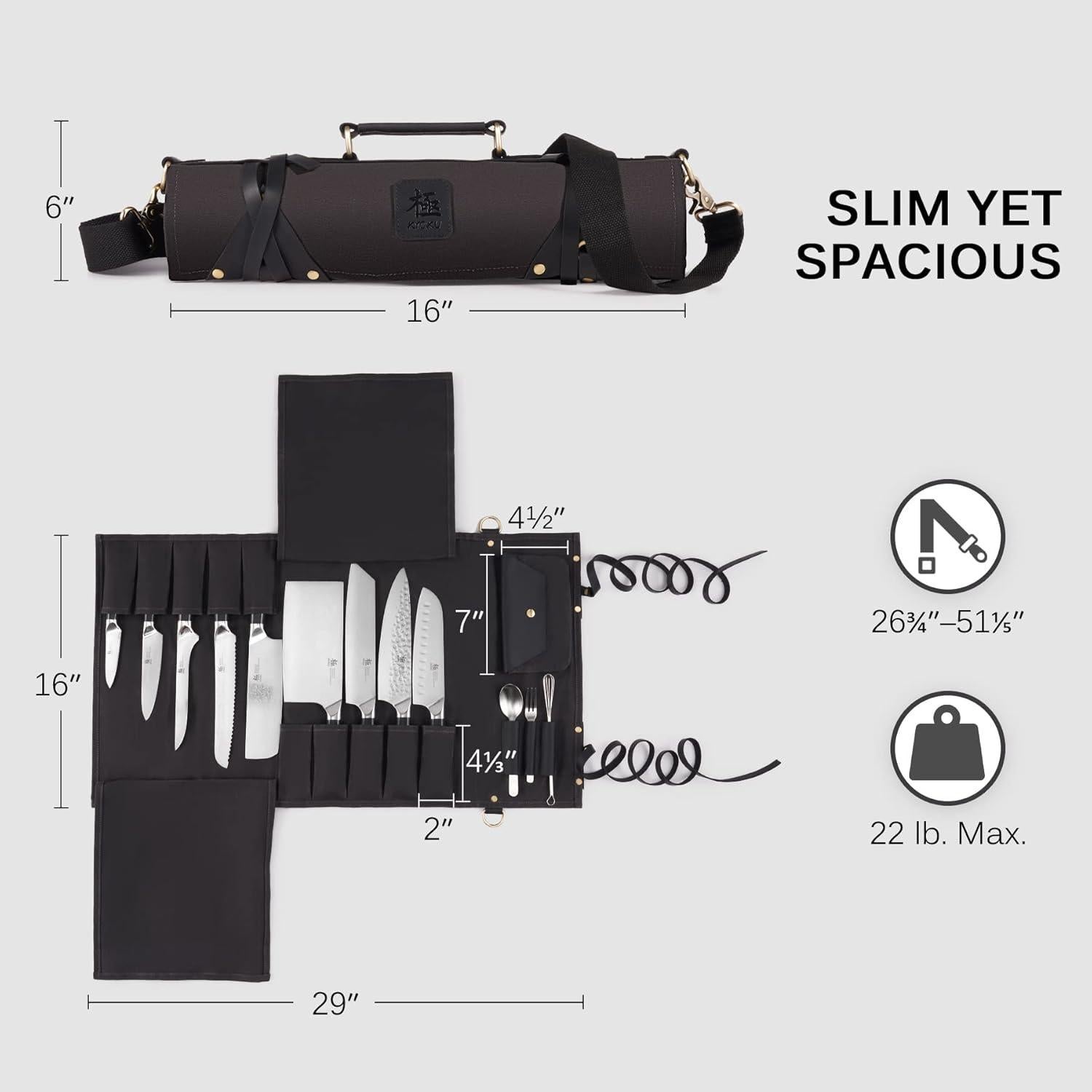 Bolsa de cuchillos KYOKU negra, 10 ranuras, cuero y lona