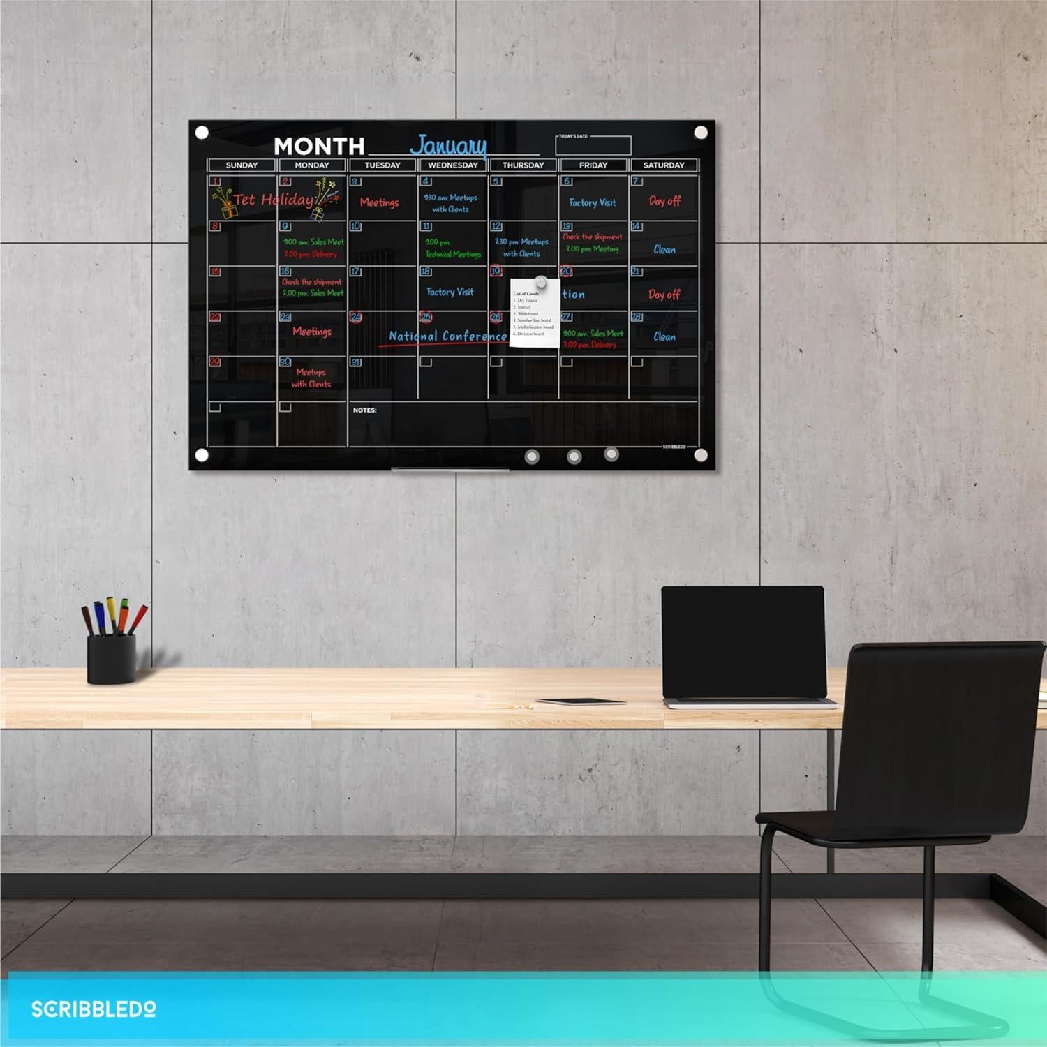 Calendario de Pared Magnético Scribbledo 61x91cm Vidrio Negro
