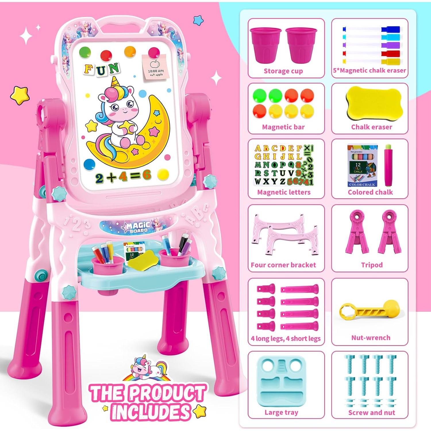 Caballete de Arte Ajustable Rosa para Niños 3-5 Años - Doble Cara