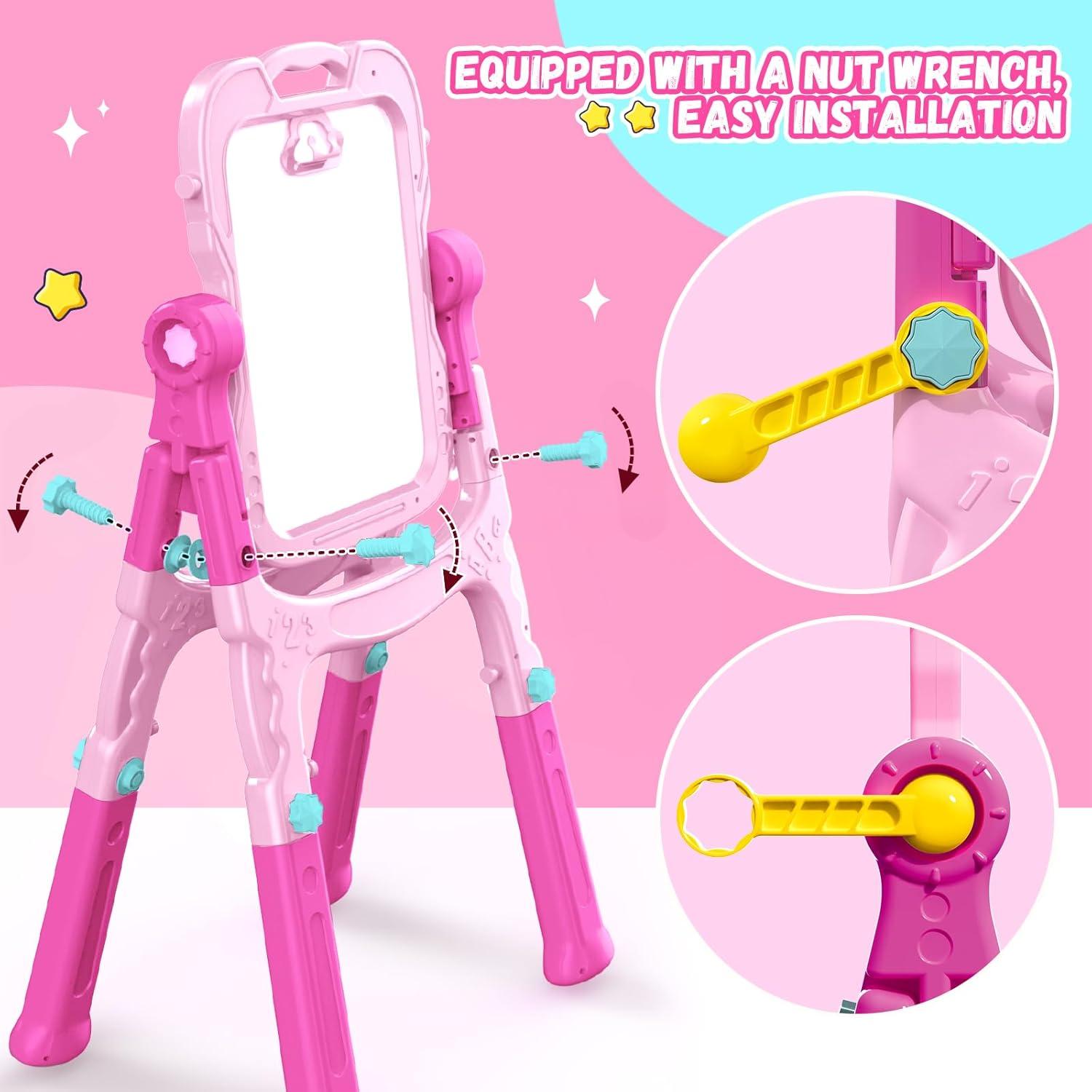 Caballete de Arte Ajustable Rosa para Niños 3-5 Años - Doble Cara