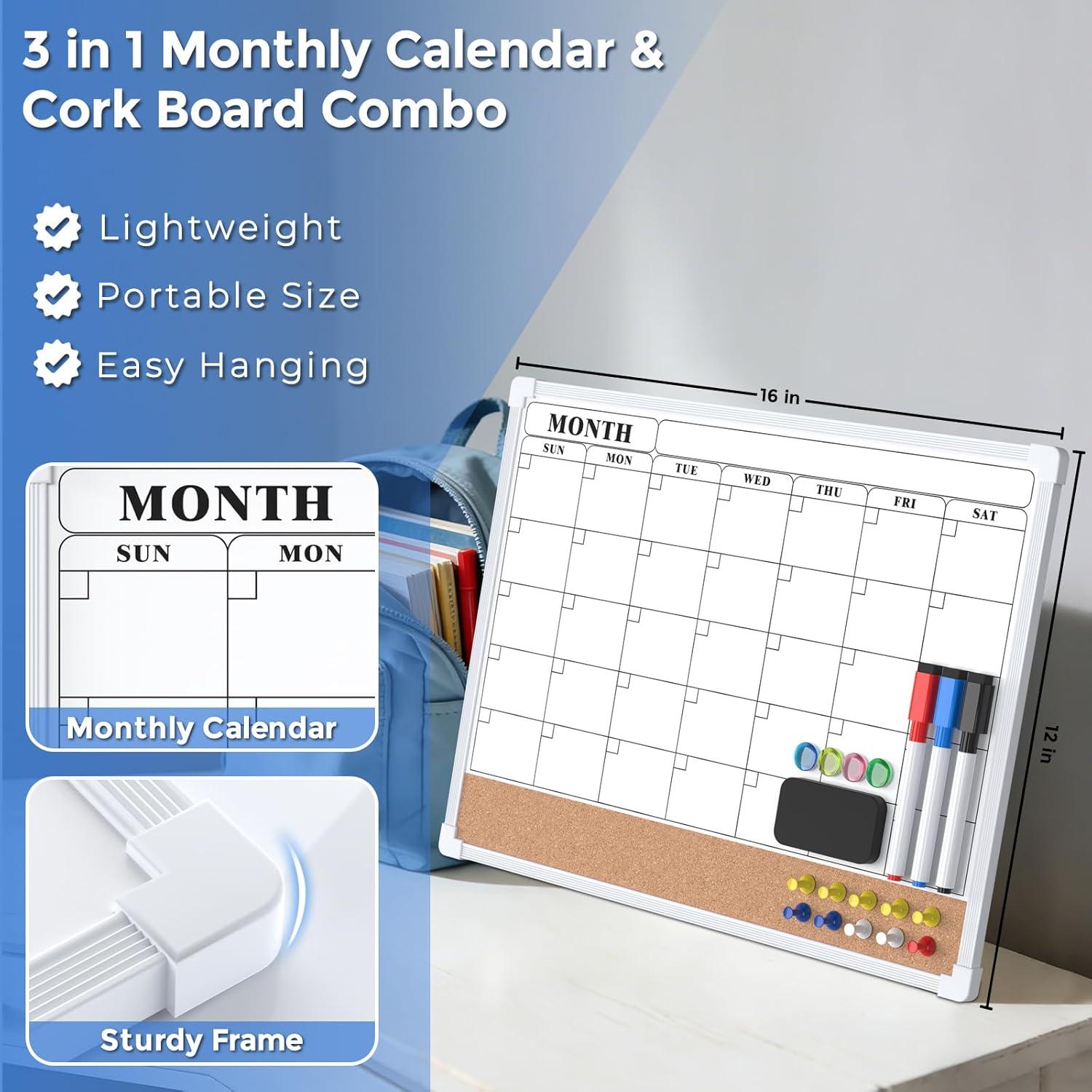 Calendario Mensual Pizarra Blanca MaxGear 40.64x30.48cm Doble Cara