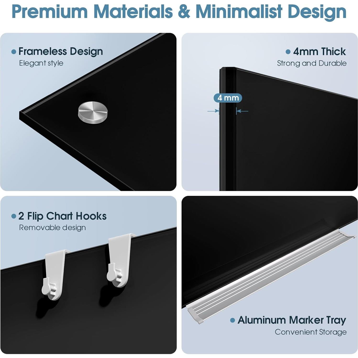 Pizarra Magnética de Vidrio MaxGear 91x61 cm Negra con Accesorios