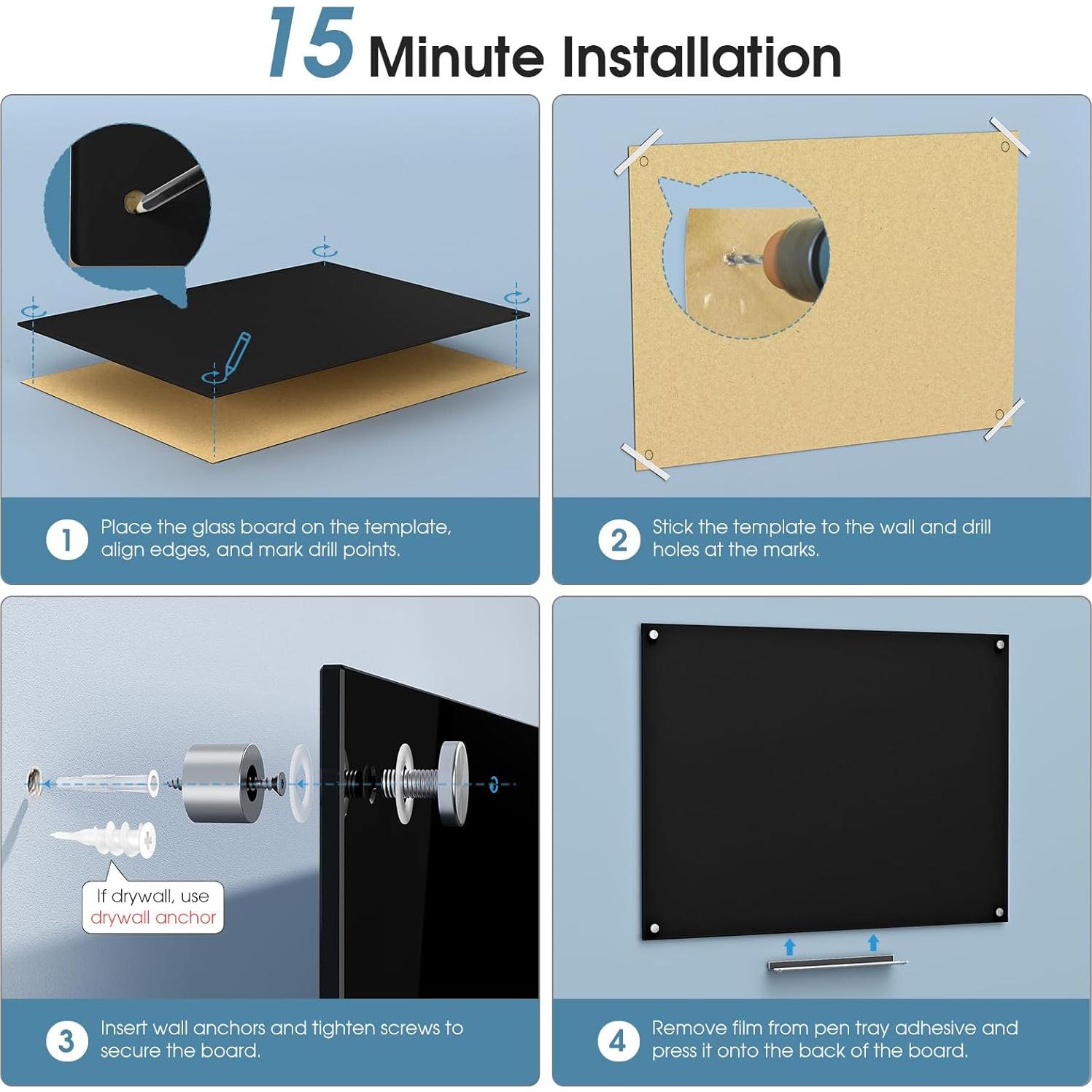 Pizarra Magnética de Vidrio MaxGear 91x61 cm Negra con Accesorios