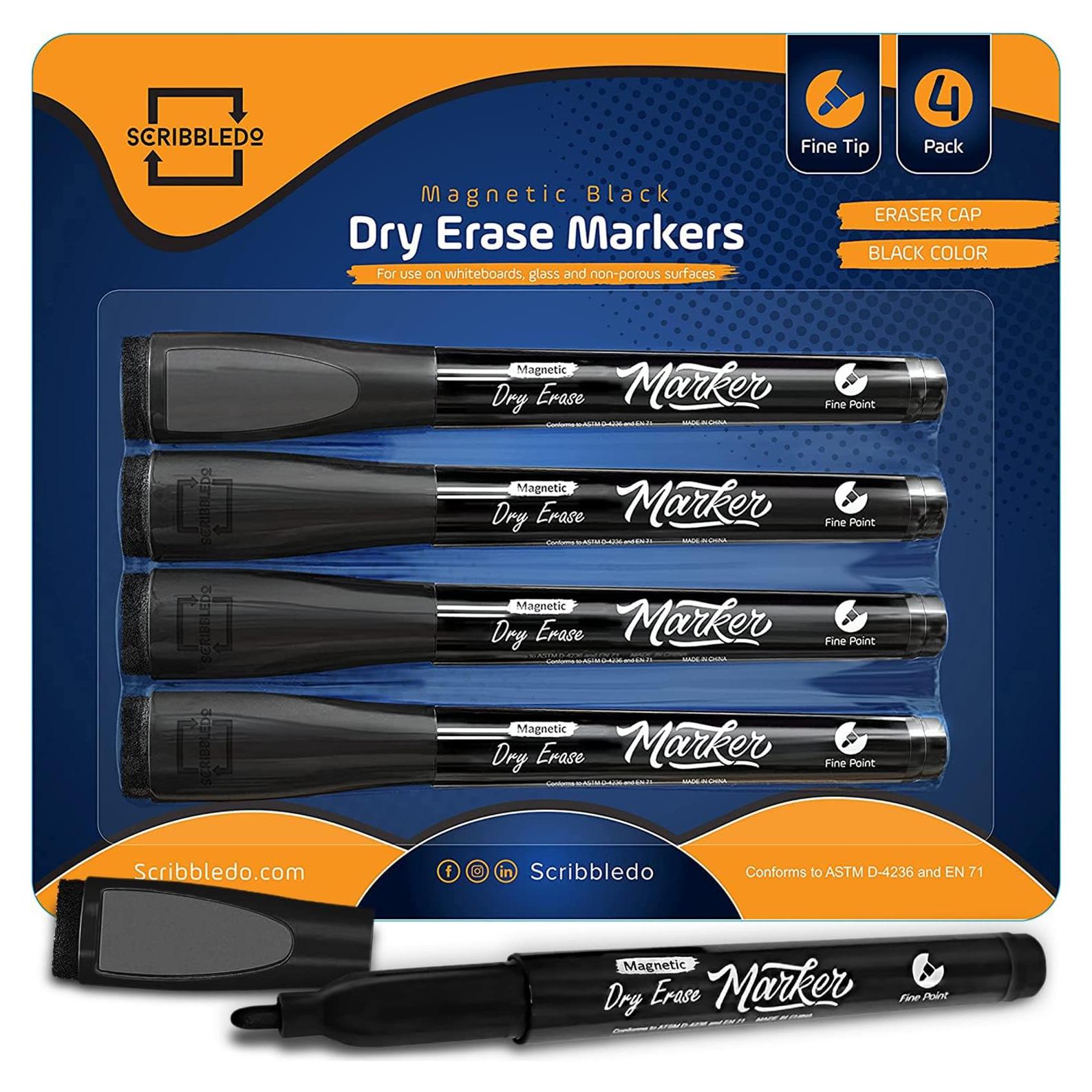 Marcadores de Borrado en Seco Fino Scribbledo Negro - Paquete de 4