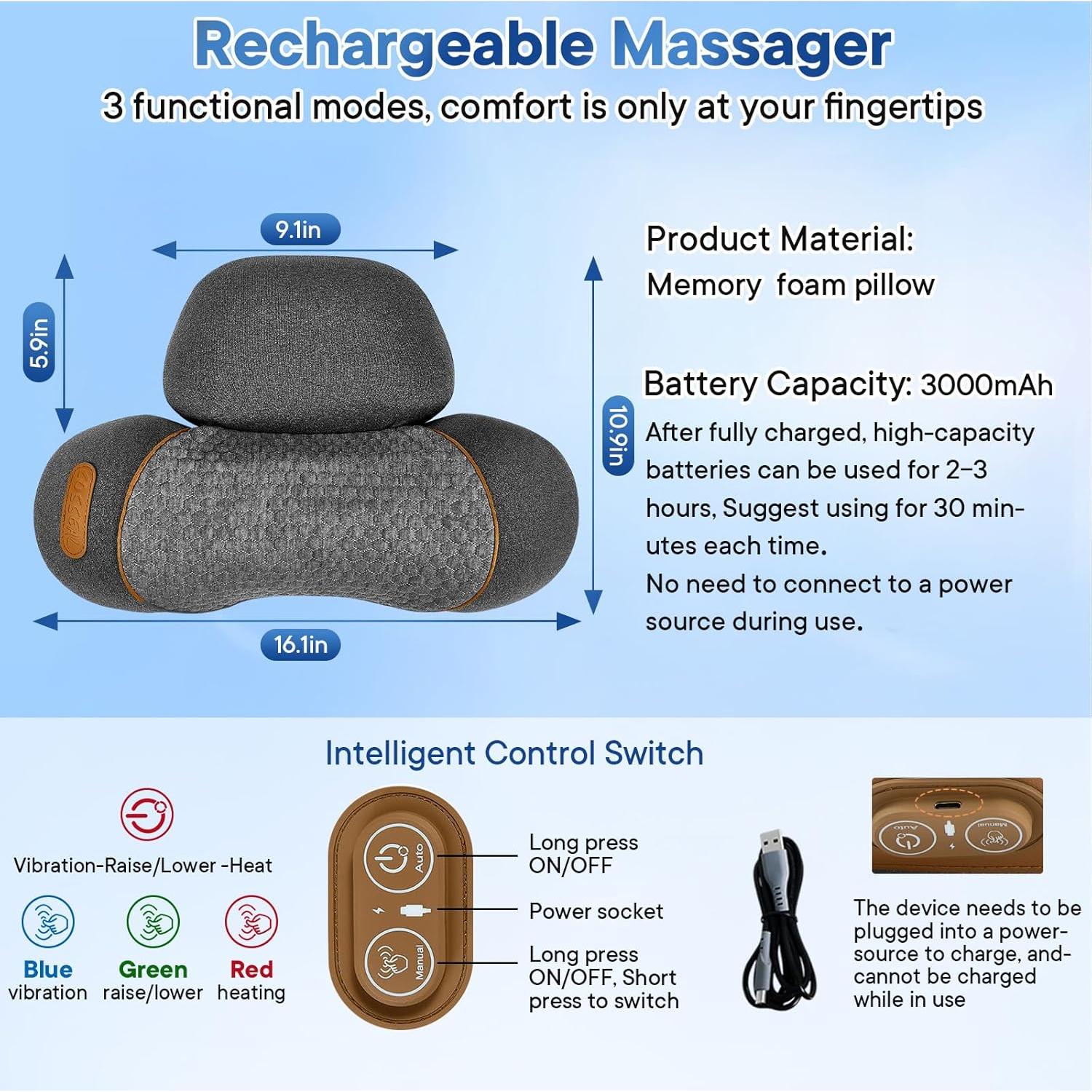 Almohada Masajeador de Cuello KITCADA K2601 con Calor y Vibración