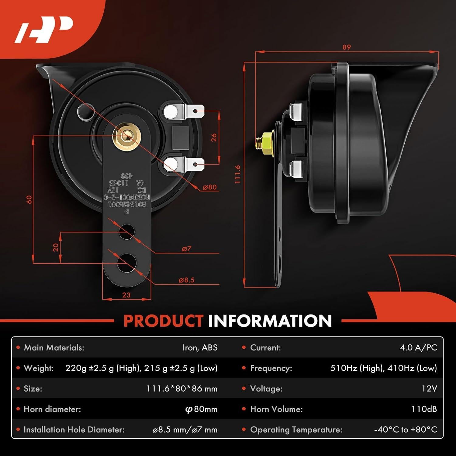Claxon Eléctrico Doble Cuerno A-Premium 12V 110dB 80mm