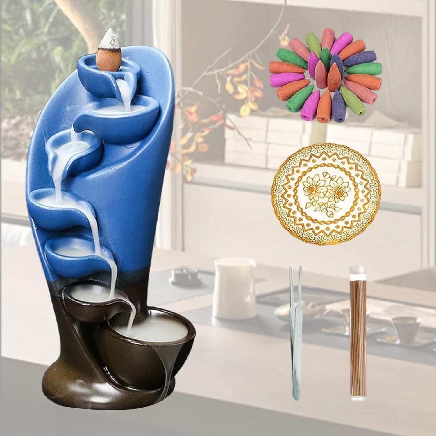 Quemador de Incienso en Cascada Simcat Cerámica Azul con 20 Conos