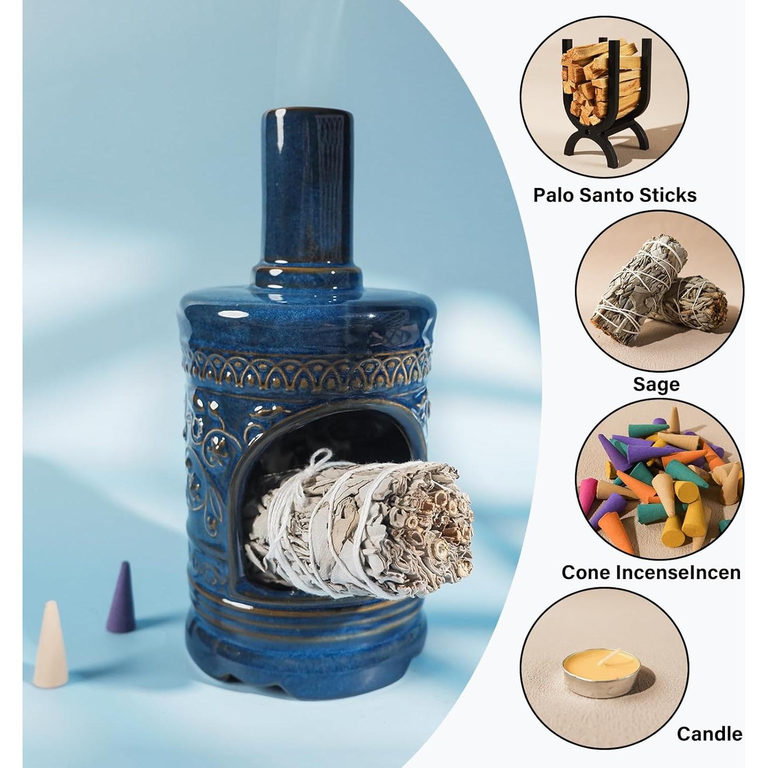 Ceramic Bird & Flower Palo Santo Burner–Stylish Chiminea for Sage、Incense Cones and Candle, Perfect for Meditation, Yoga, Altar & Home Decor – Easy to Clean, Enhance Your Zen Experience