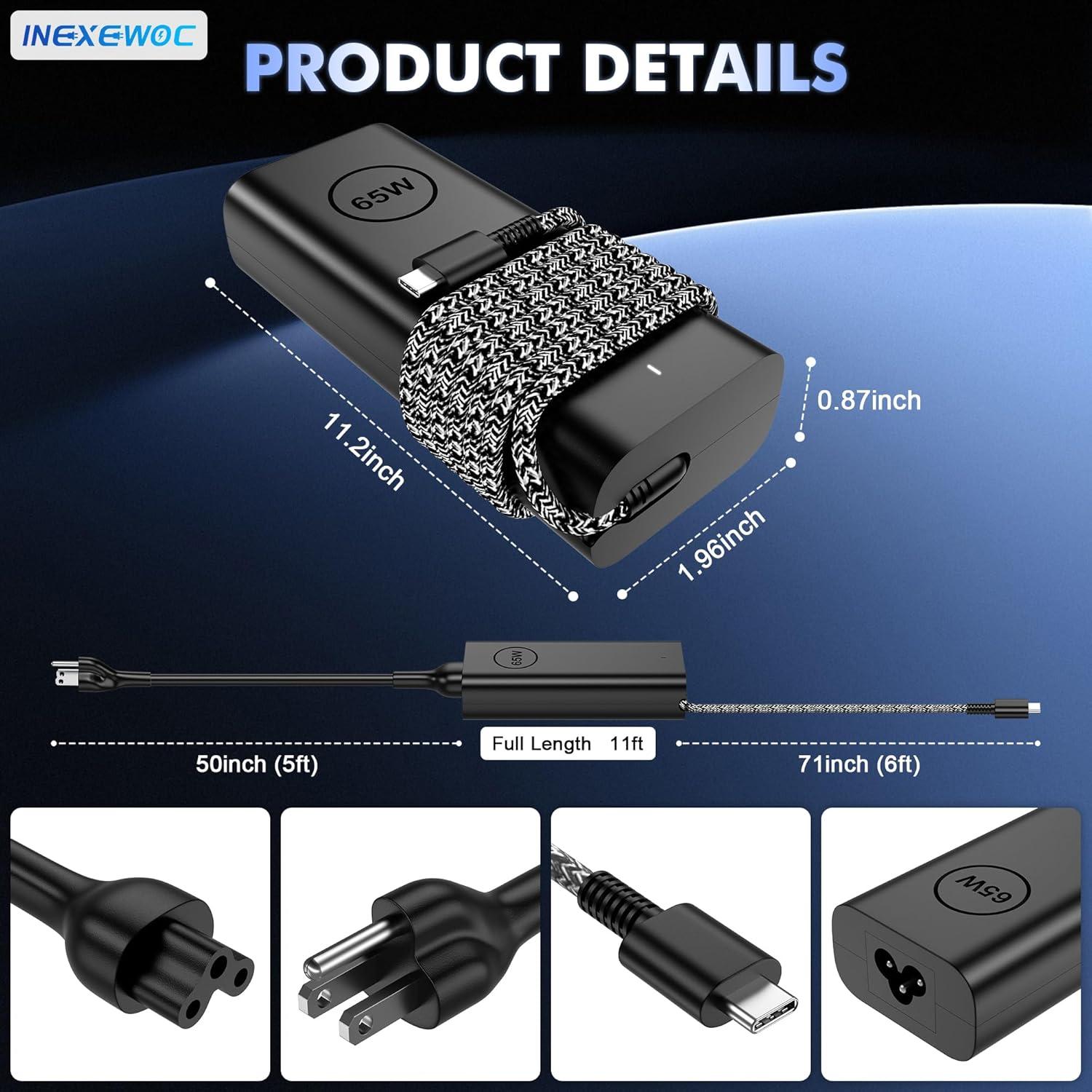 Cargador USB-C 65W INEXEWOC para Laptop Dell Latitude y XPS