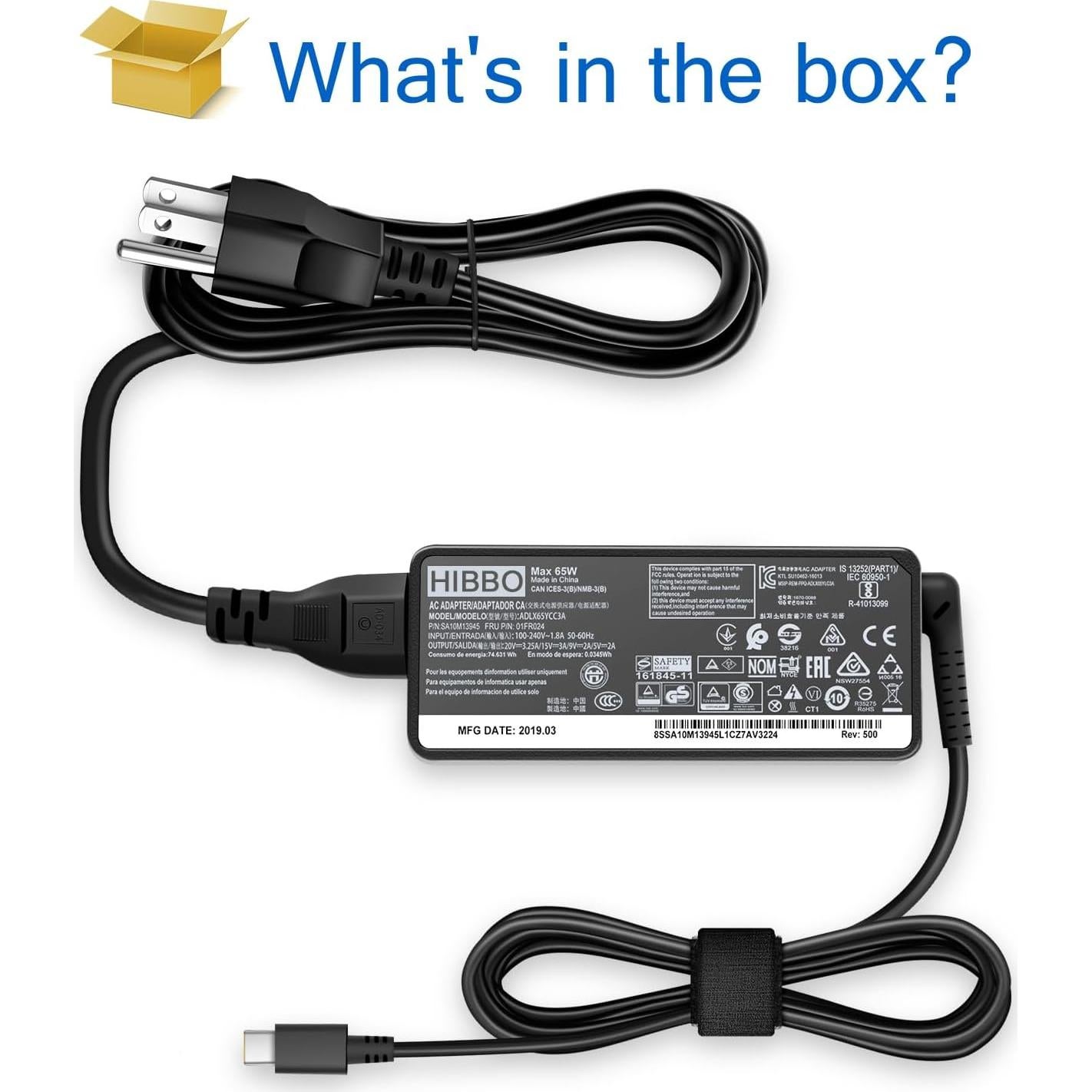 Cargador USB-C HIBBO 65W para Laptop Lenovo y Chromebook