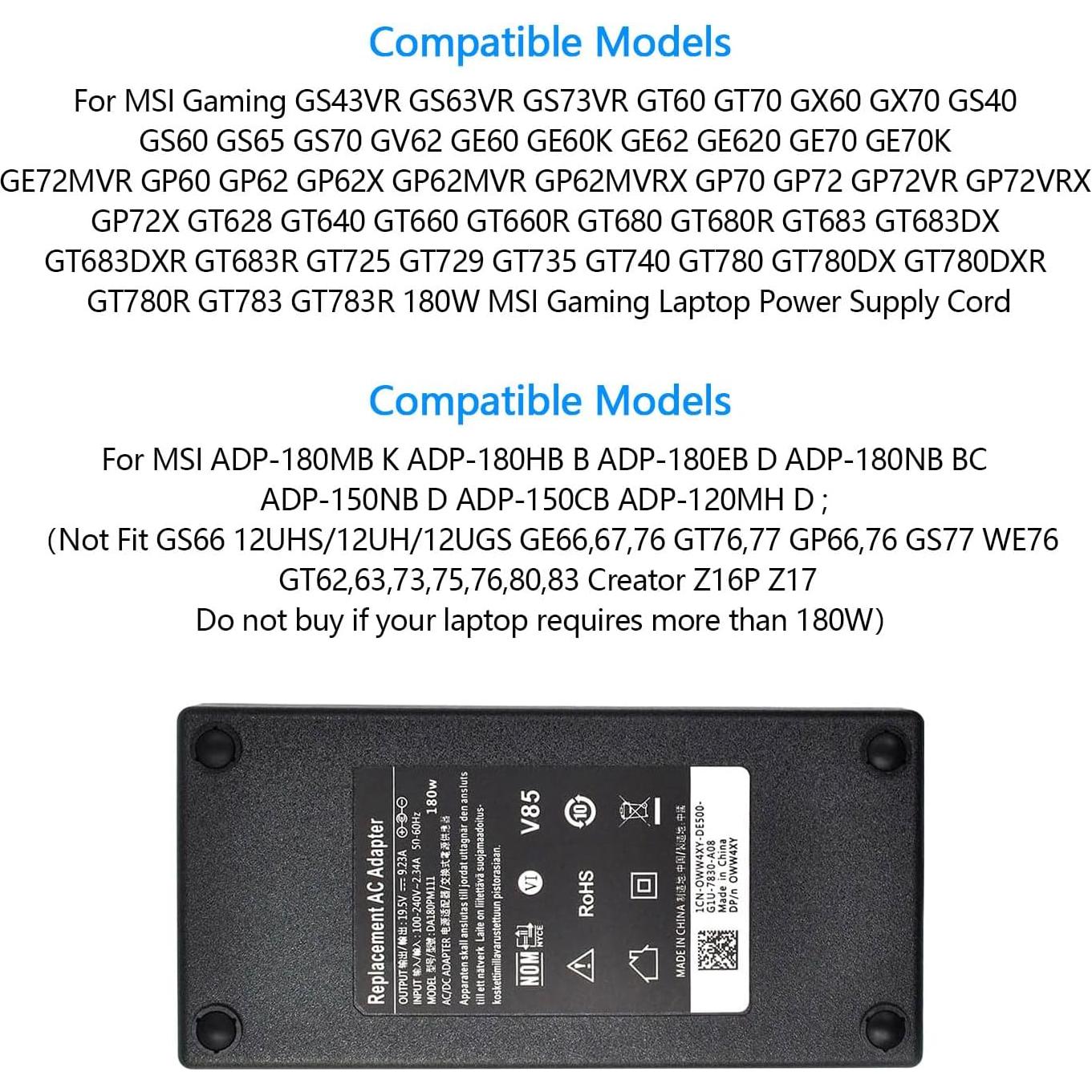 Adaptador de corriente 180W 19.5V 9.23A para laptop MSI