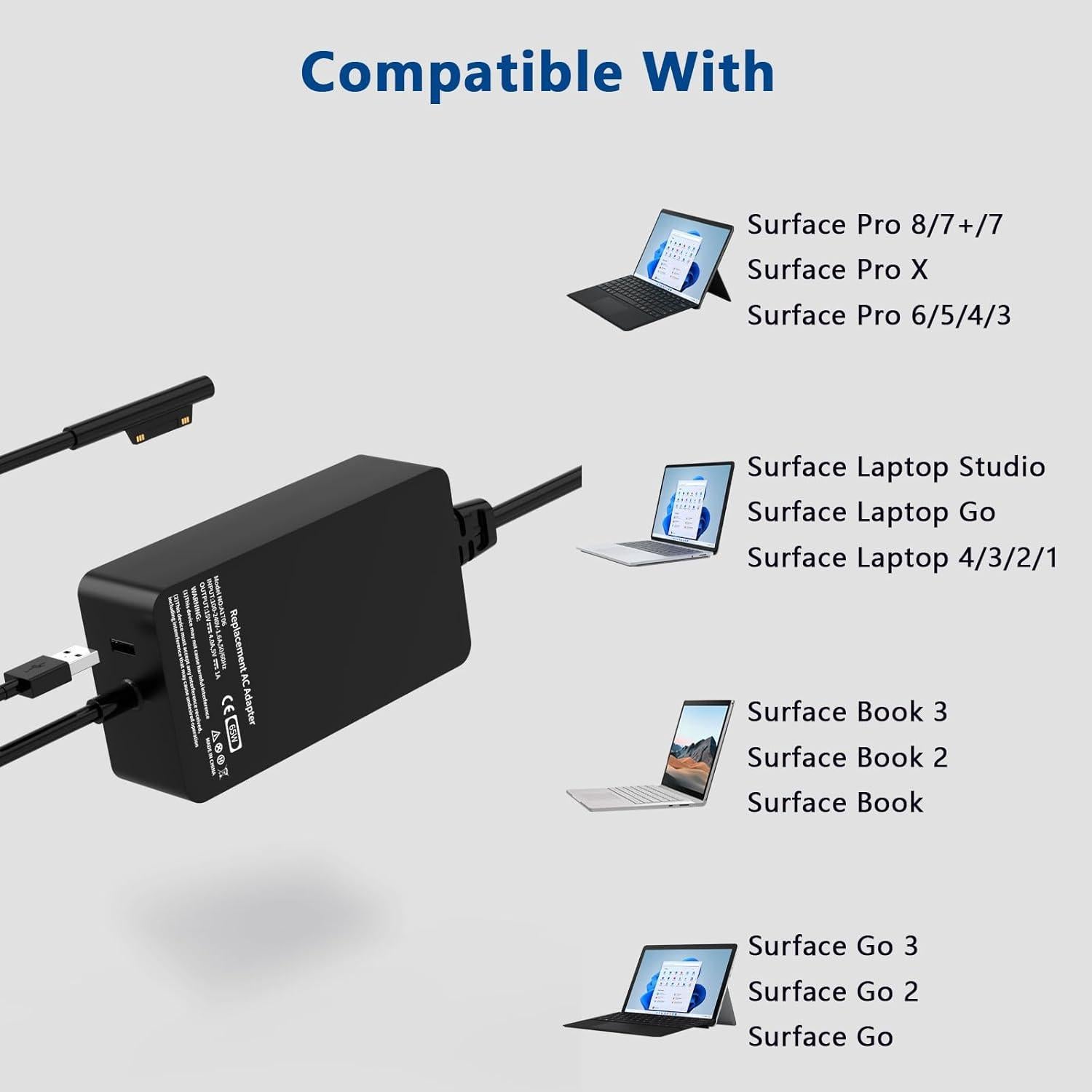 Cargador 65W KUANTEN para Microsoft Surface Pro y Laptop