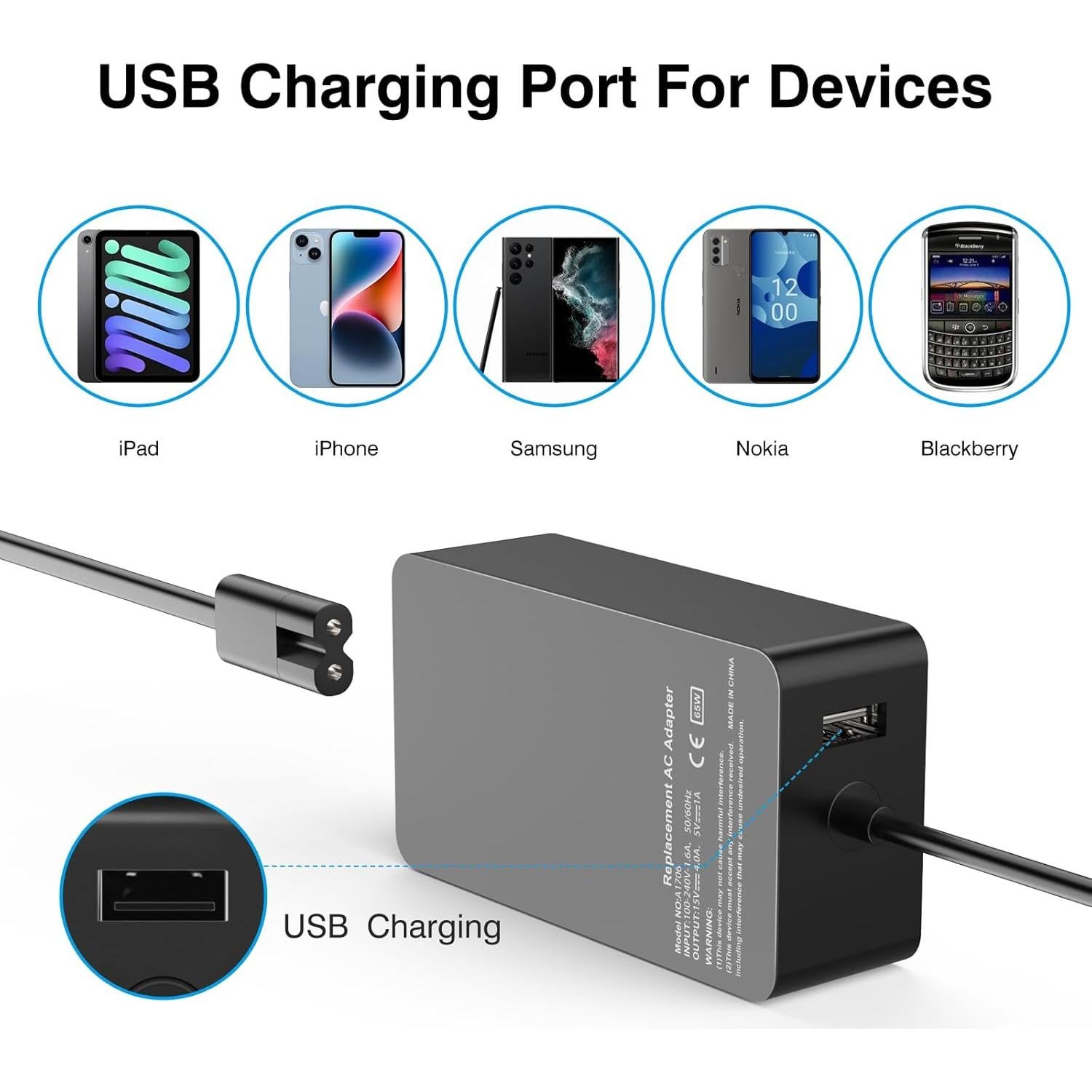 Cargador 65W GSNOW para Microsoft Surface Pro 3/4/5/6/7/8/9/X