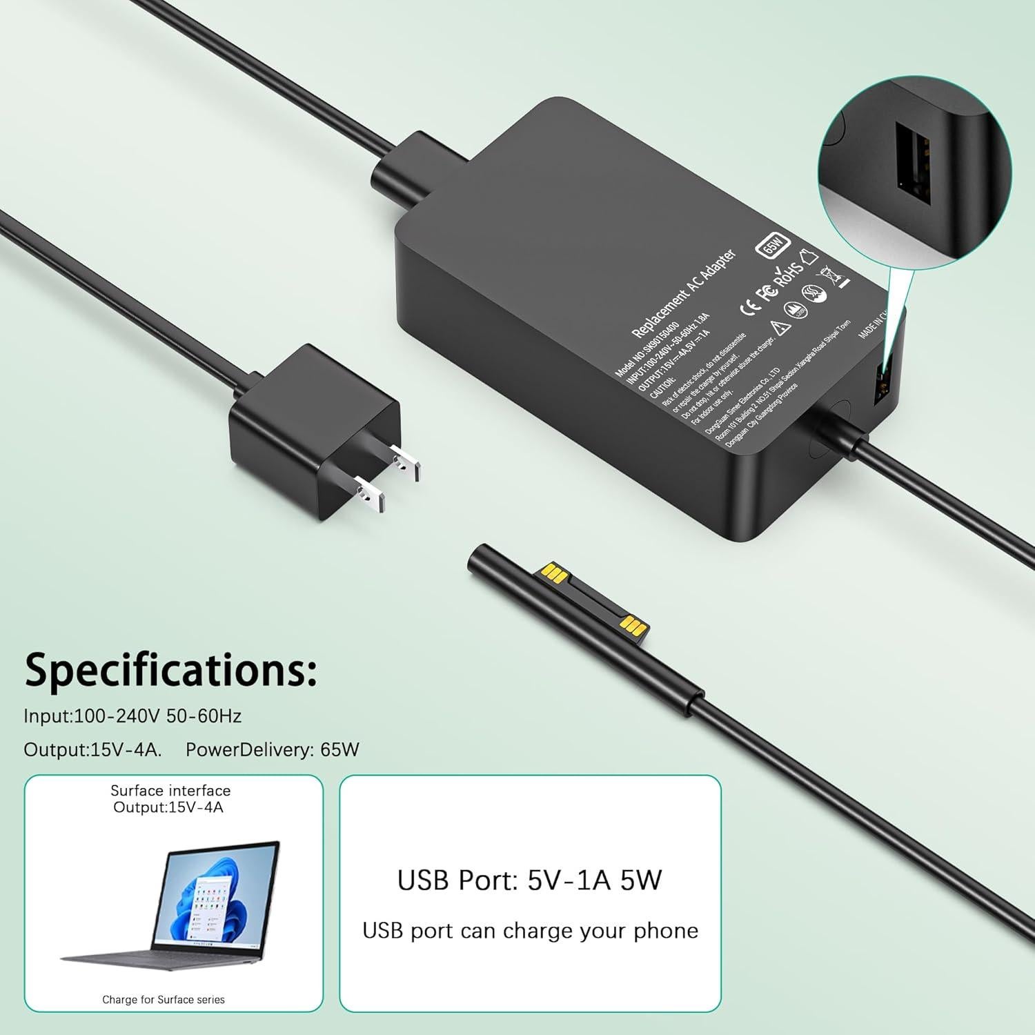 Cargador YBRUZRUB 65W para Microsoft Surface Pro y Laptop