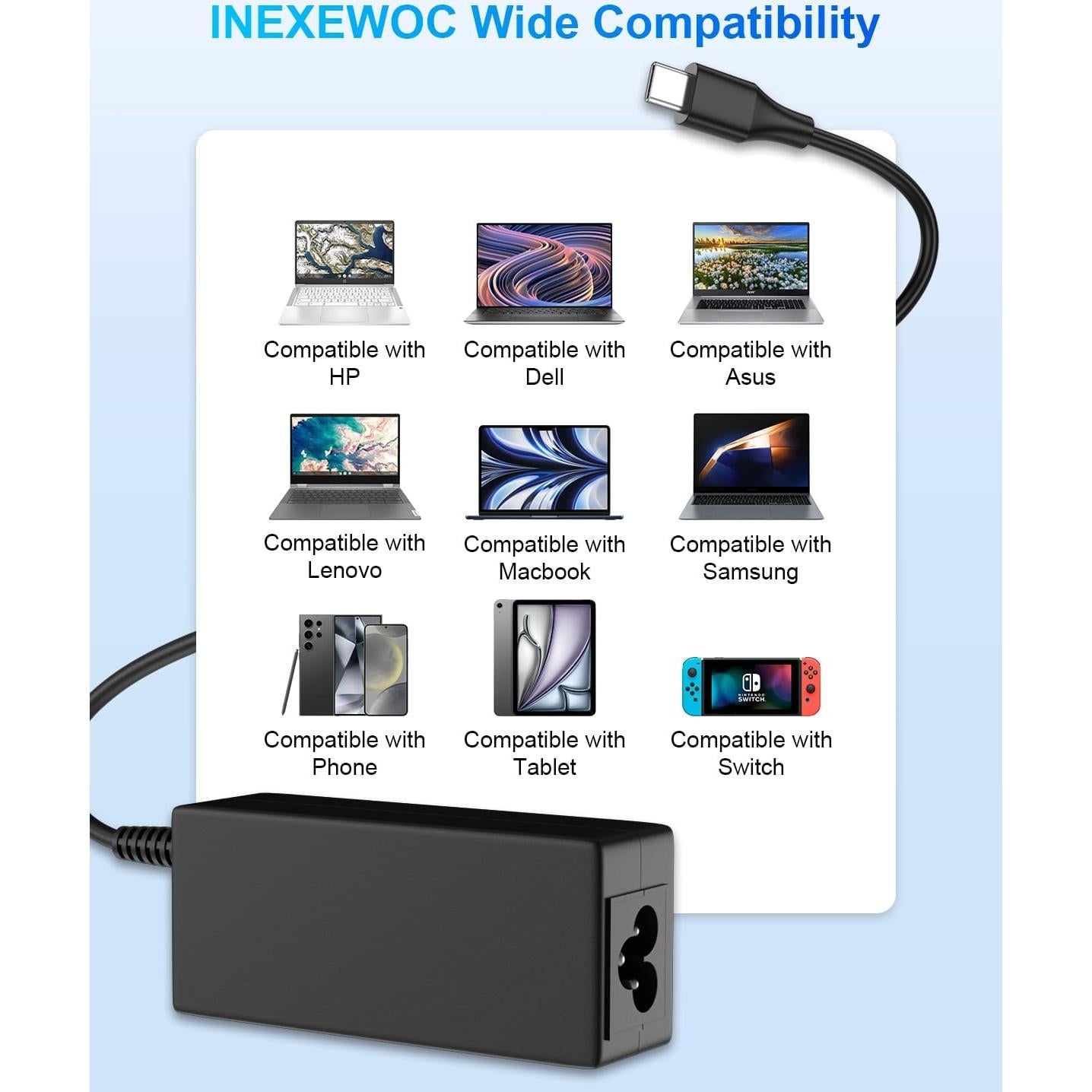 Cargador de Laptop USB-C 45W INEXEWOC Compatible HP Lenovo Dell