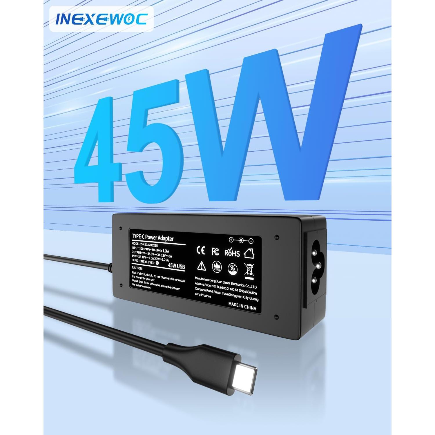 Cargador de Laptop USB-C 45W INEXEWOC Compatible HP Lenovo Dell