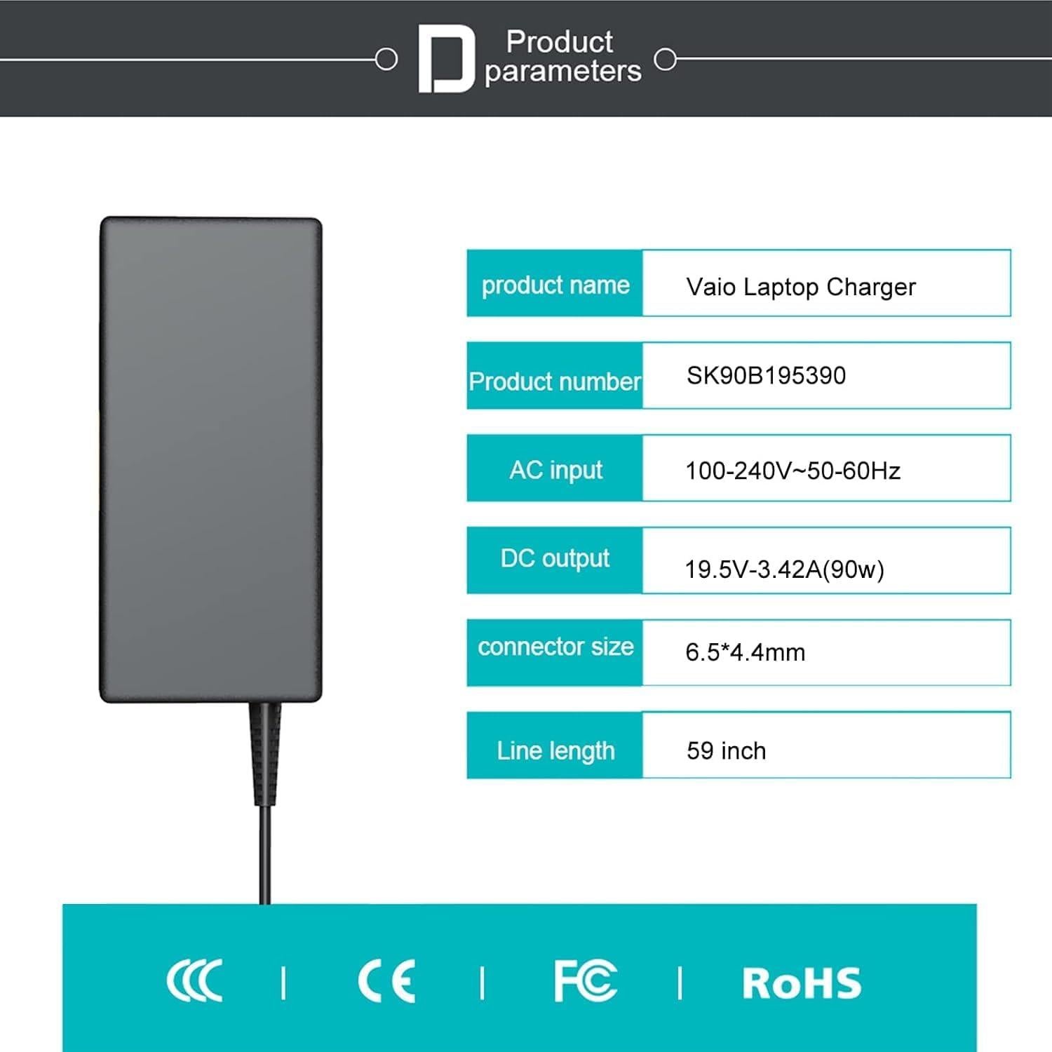 Adaptador de CA 90W Ymawetia para Portátil Sony Vaio 19.5V