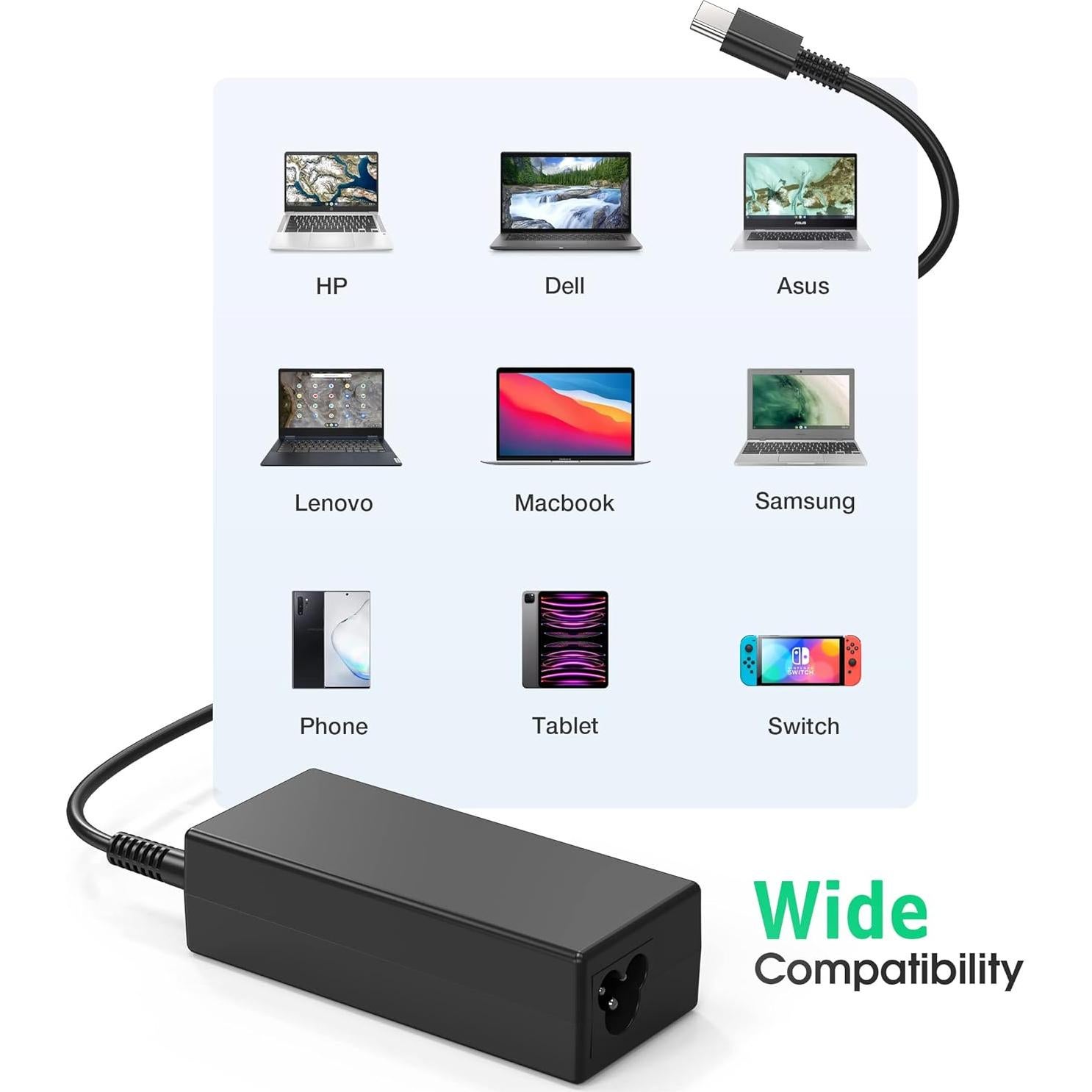 Cargador USB C 65W UNAWUDOH para Laptop Chromebook HP Dell Lenovo