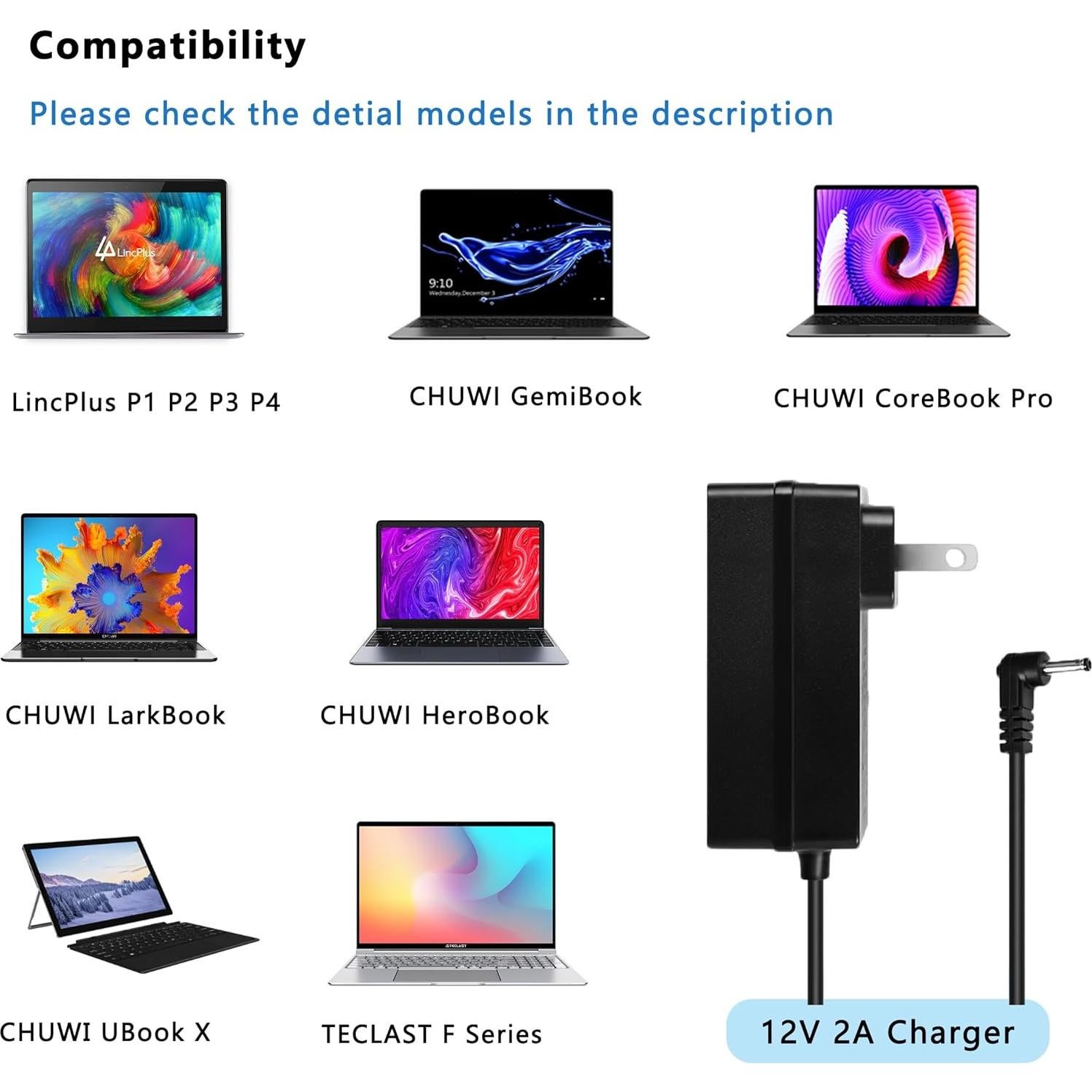 Cargador 12V 2A FLGAN para Chuwi UBook GemiBook HeroBook