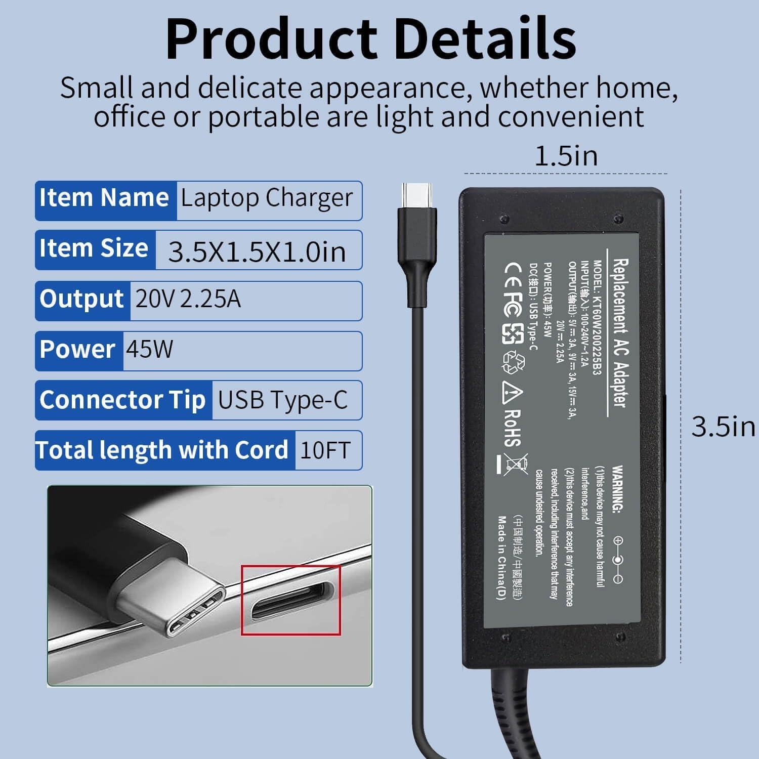 Cargador USB C 45W ZAYAUPVL para Chromebook HP Dell Lenovo