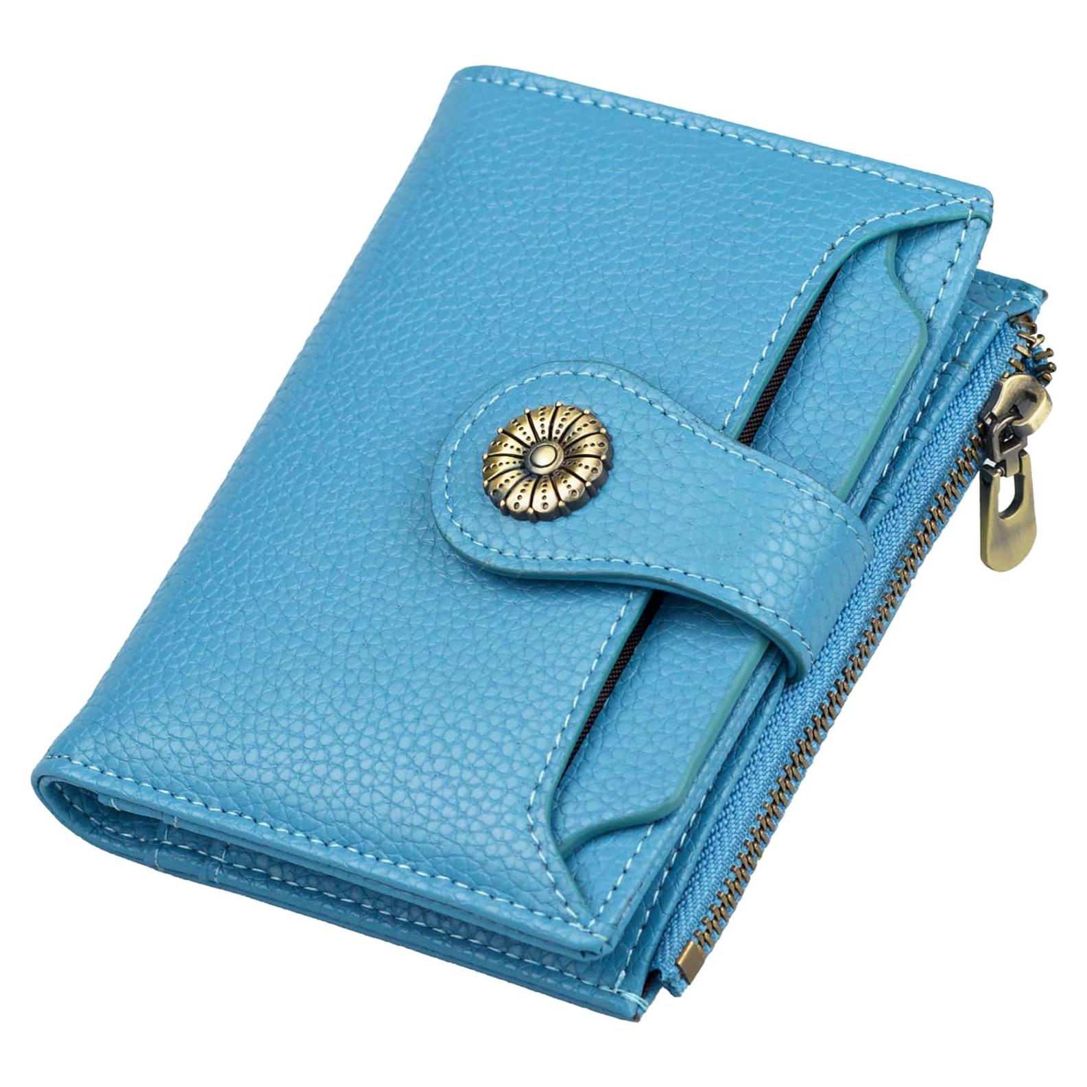 Cartera Pequeña Mujer VEESKYEE Cuero Bifold RFID Azul