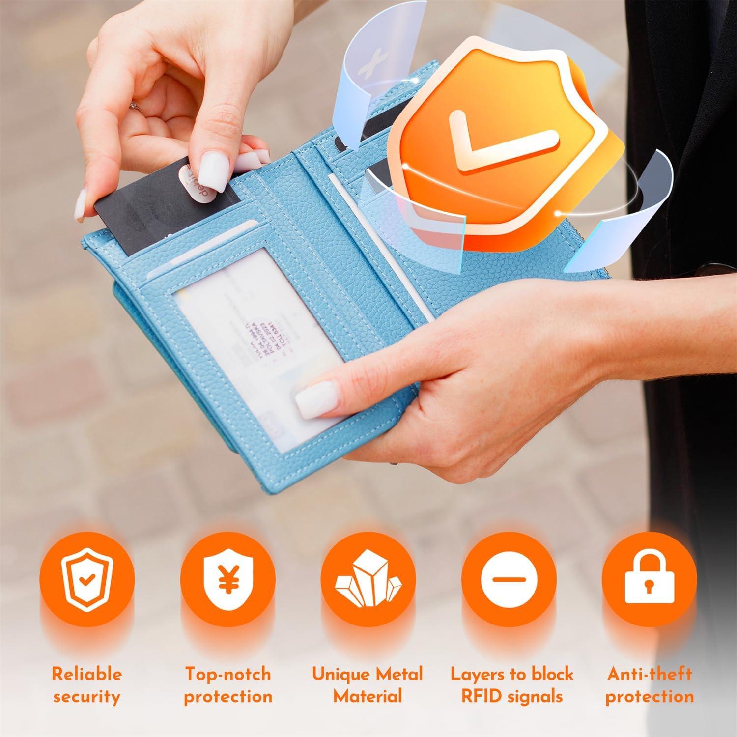 Cartera Pequeña Mujer VEESKYEE Cuero Bifold RFID Azul