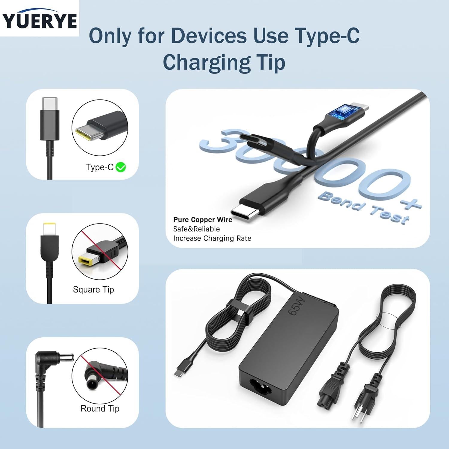 Cargador USB C 65W YUERYE para Laptop Lenovo ThinkPad E T