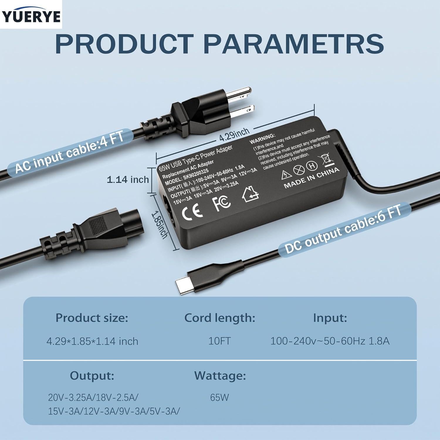 Cargador USB C 65W YUERYE para Laptop Lenovo ThinkPad E T