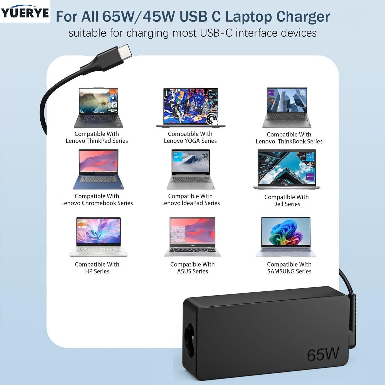 Cargador USB C 65W YUERYE para Laptop Lenovo ThinkPad E T