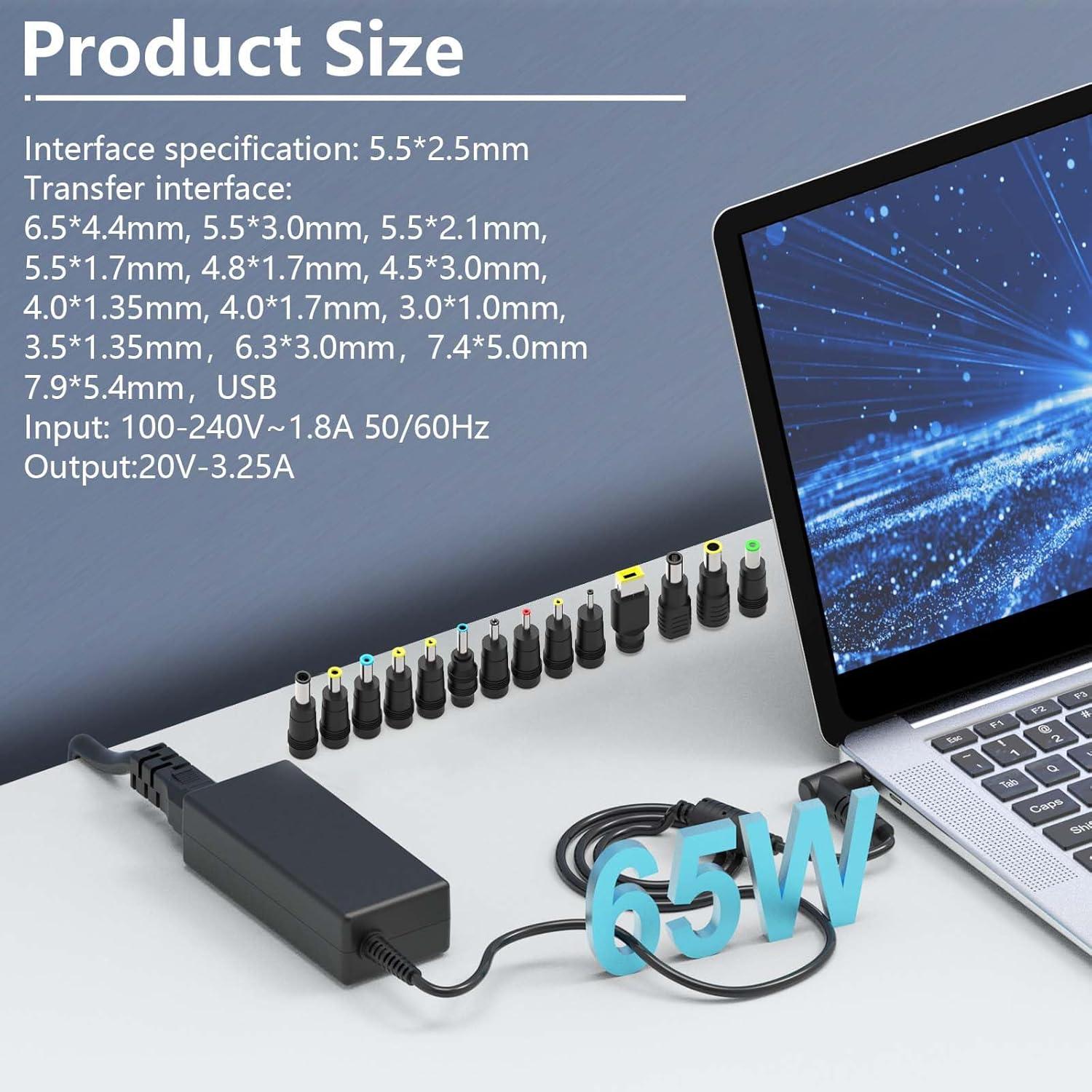 Cargador Universal 65W 19V 3.42A para Laptop HP Lenovo Dell