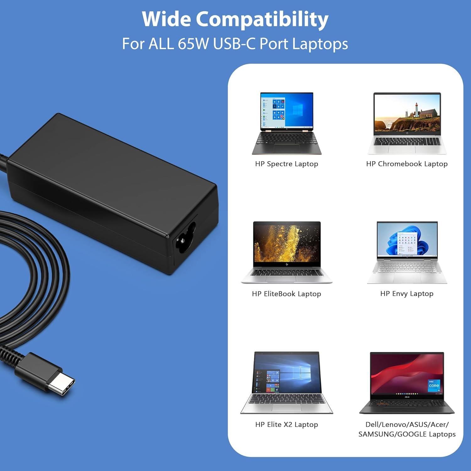 Cargador USB-C 65W QIOUZW para HP, Lenovo, Dell, Acer
