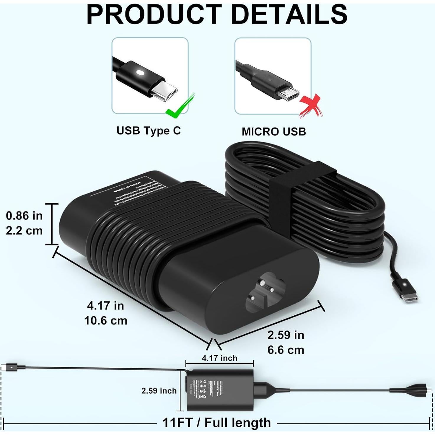 Cargador USB-C 65W para Laptop Dell/HP/Lenovo/Asus