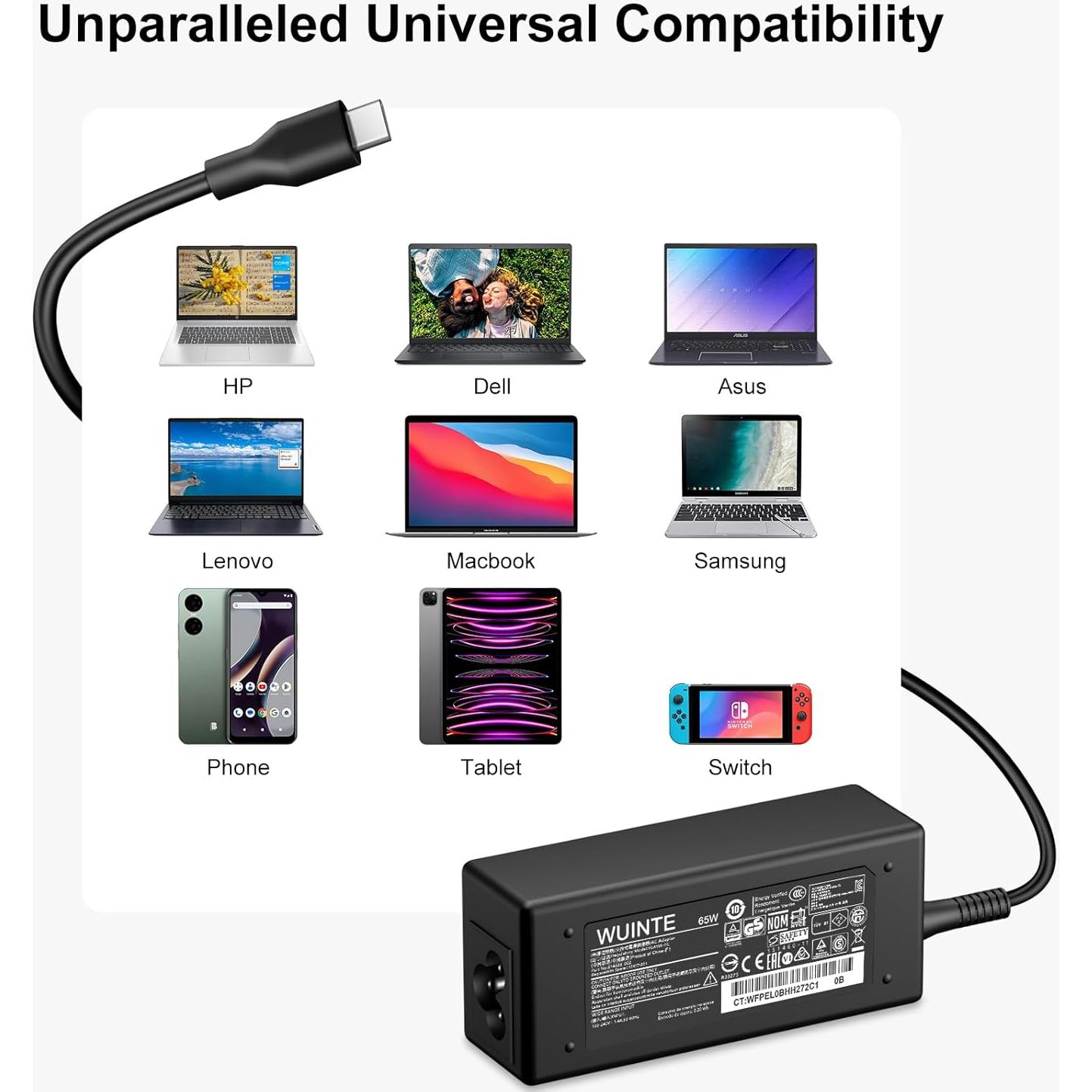 Cargador USB C 65W Lenovo Adaptador de Poder Rápido