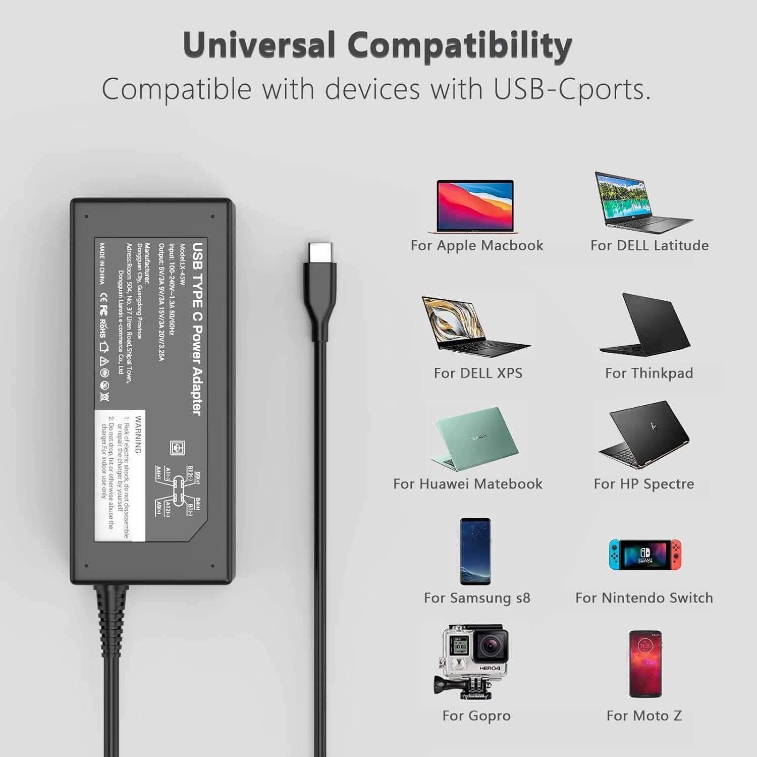 Cargador USB-C 45W GKLSPL para HP Chromebook - Carga Rápida