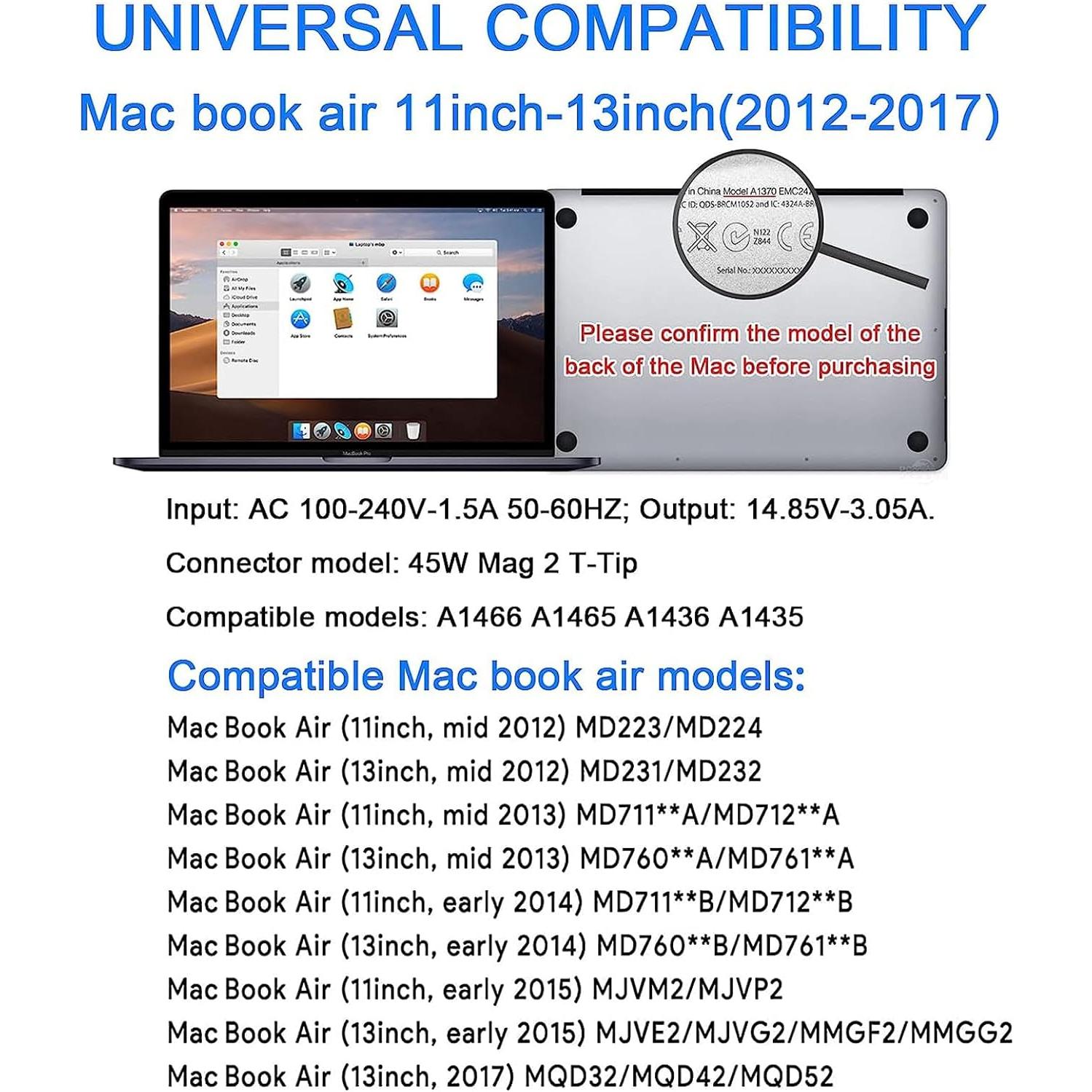 Cargador Reemplazo 45W para MacBook Air 11" y 13" 2012-2017