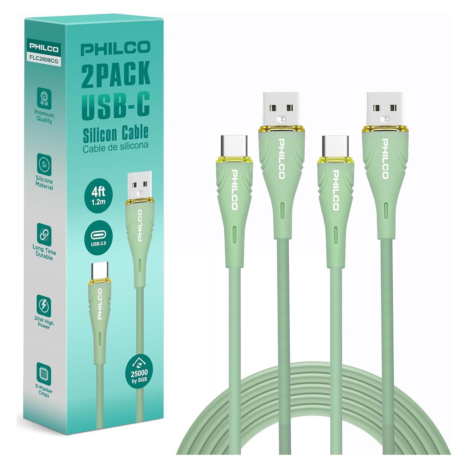 Cable USB a USB C Philco 20W 1.22M Verde 2PK Carga Rápida