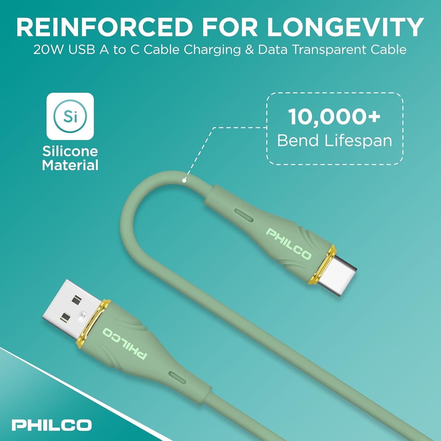 Cable USB a USB C Philco 20W 1.22M Verde 2PK Carga Rápida
